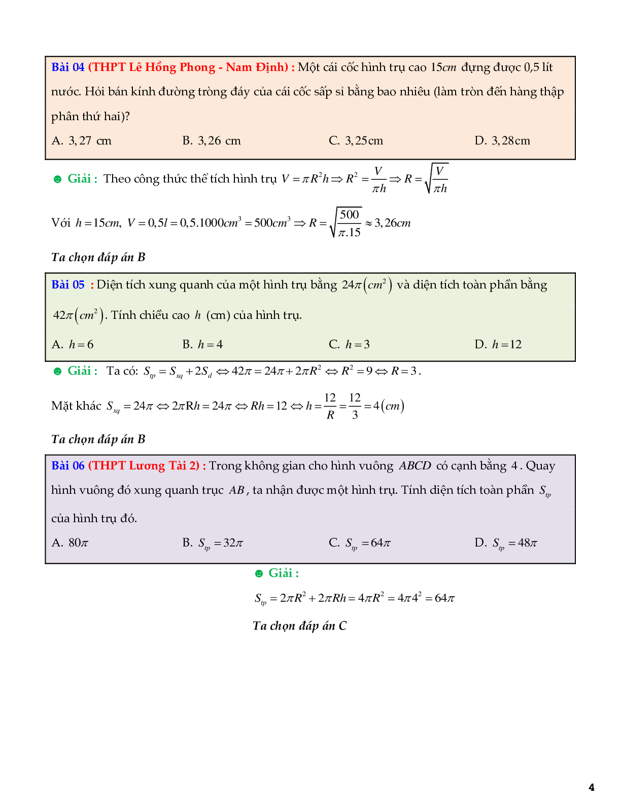 Tuyển chọn bài tập trắc nghiệm hình trụ - khối trụ (trang 4)