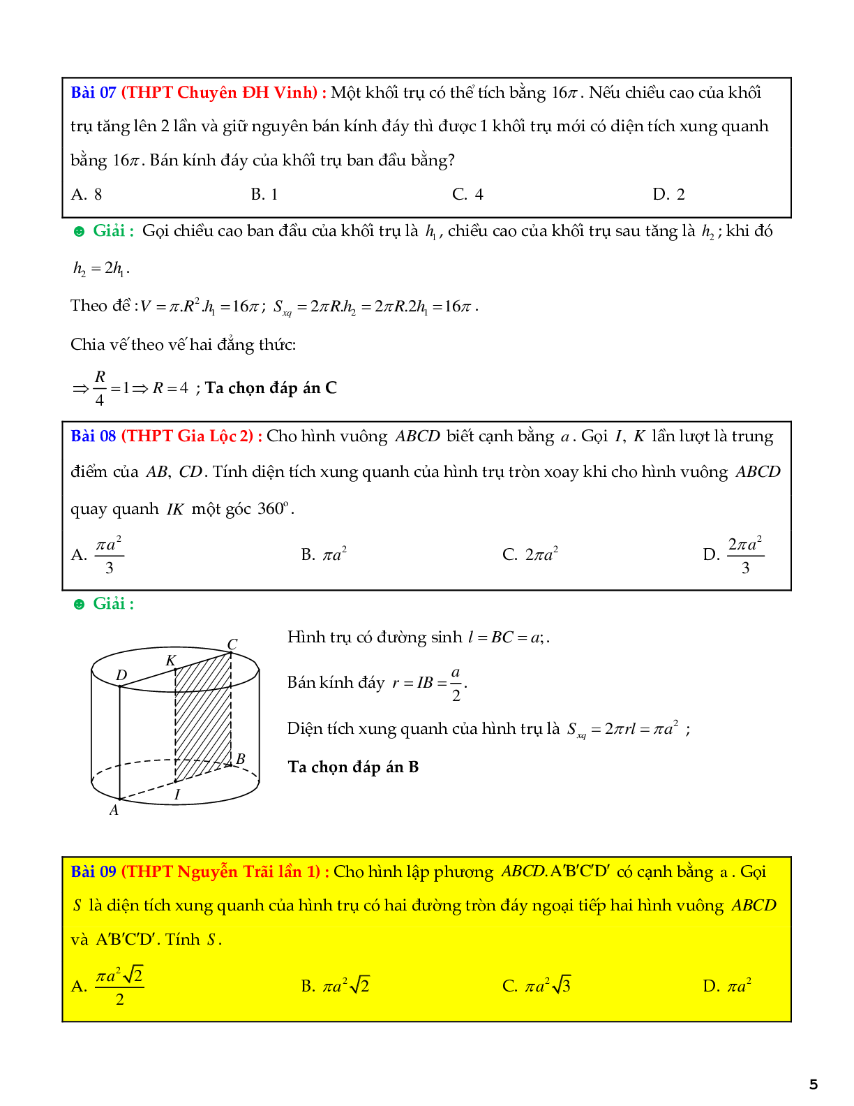 Tuyển chọn bài tập trắc nghiệm hình trụ - khối trụ (trang 5)