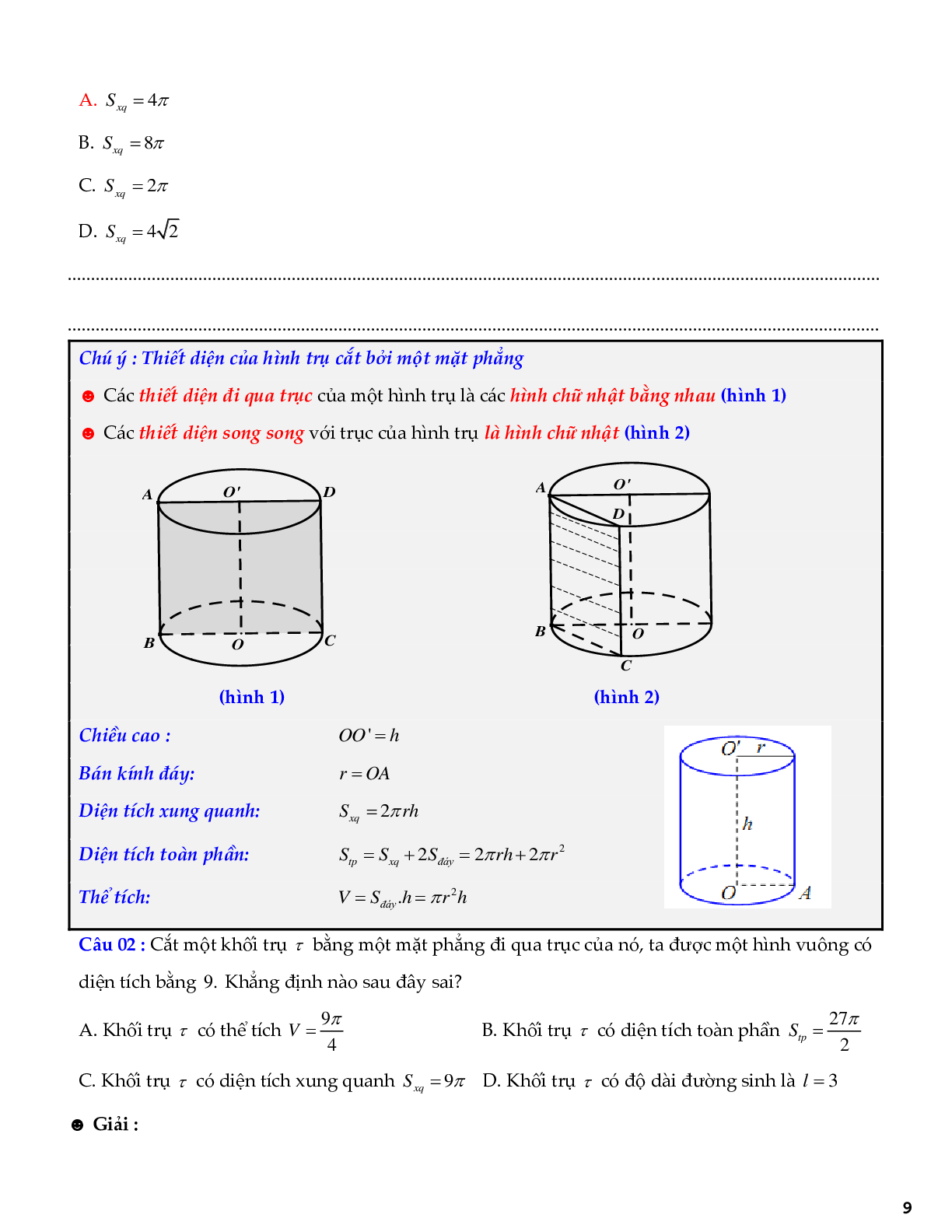 Tuyển chọn bài tập trắc nghiệm hình trụ - khối trụ (trang 9)