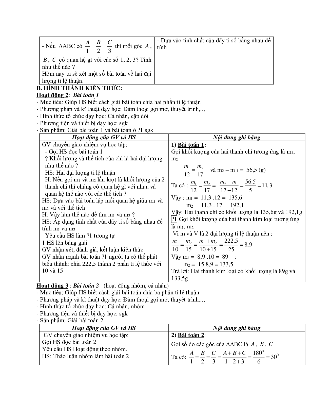 Giáo án Toán học 7 bài 2: Một số bài toán về đại lượng tỉ lệ thuận mới nhất (trang 2)