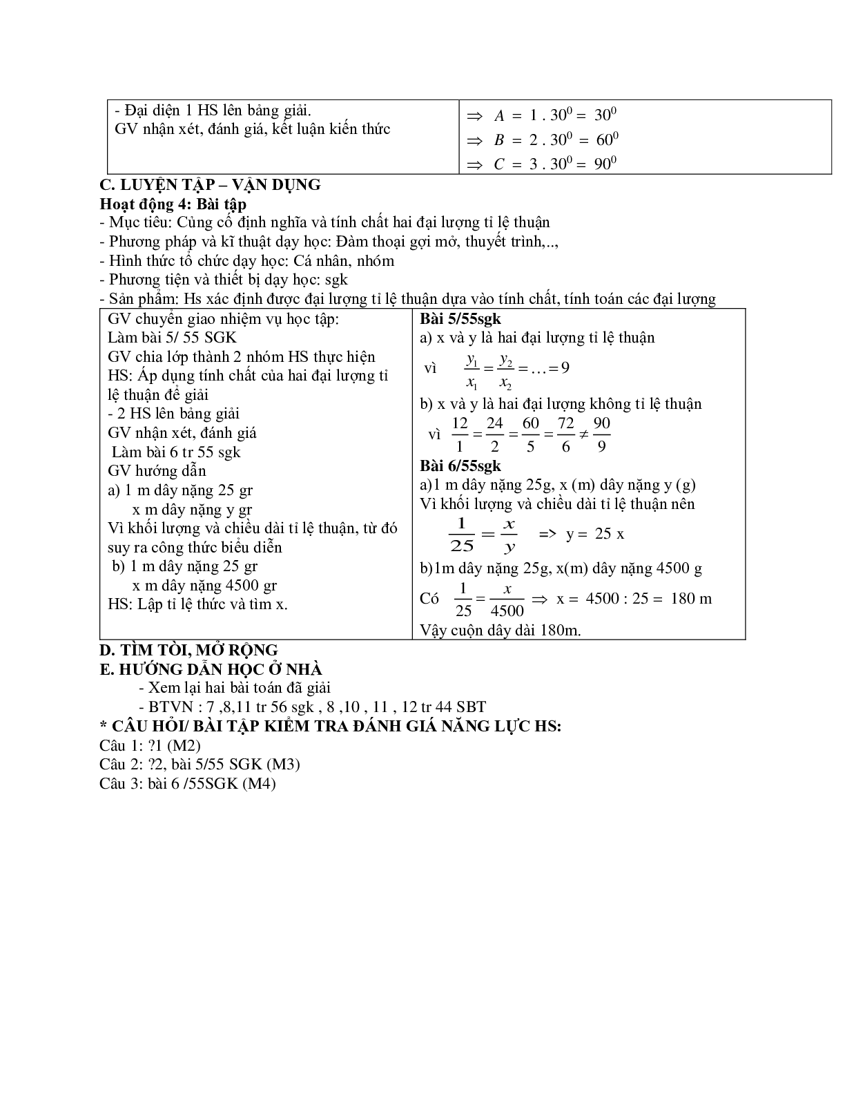 Giáo án Toán học 7 bài 2: Một số bài toán về đại lượng tỉ lệ thuận mới nhất (trang 3)