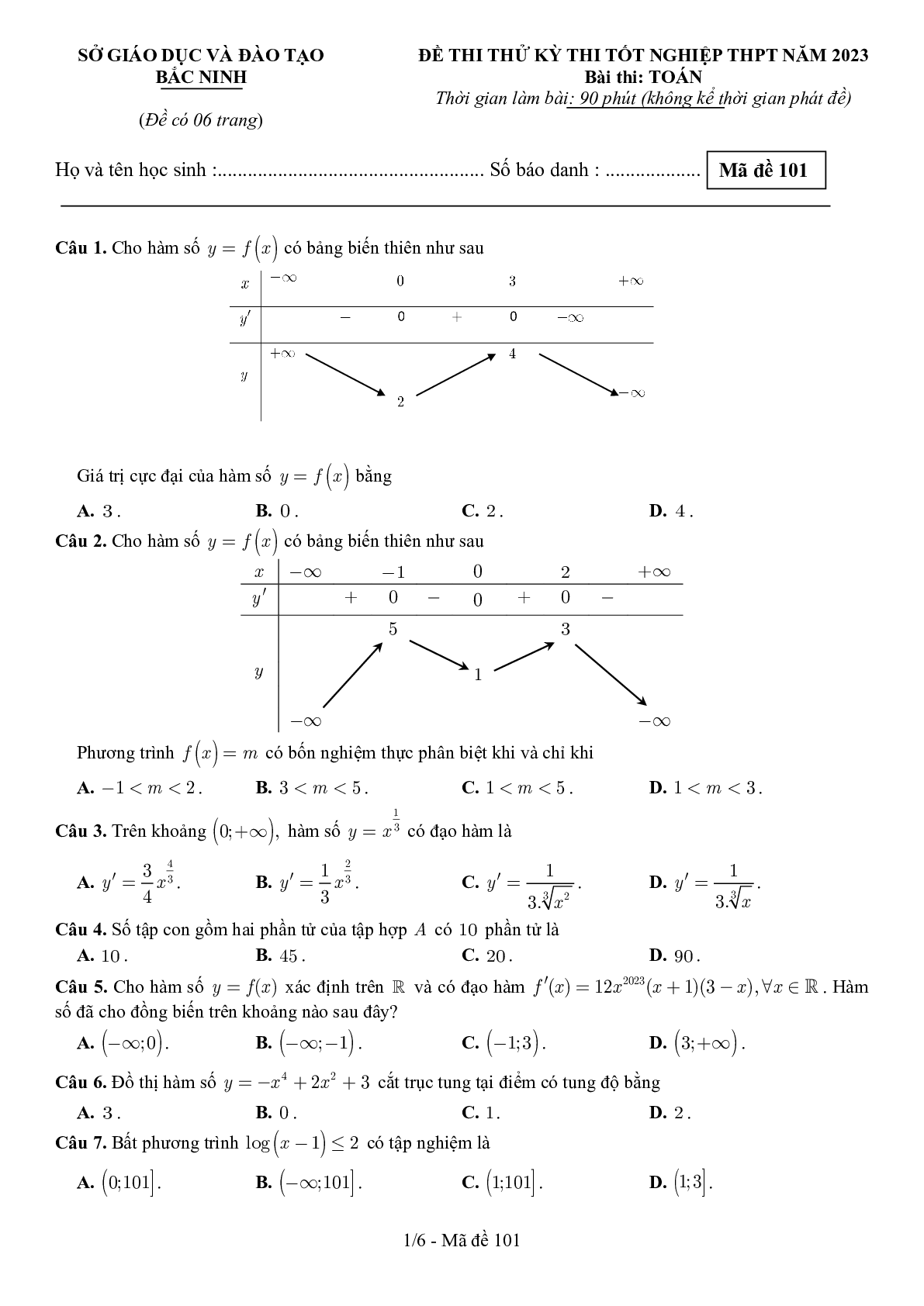 Đề thi thử Toán sở GD&ĐT Bắc Ninh 2023 có đáp án (trang 1)