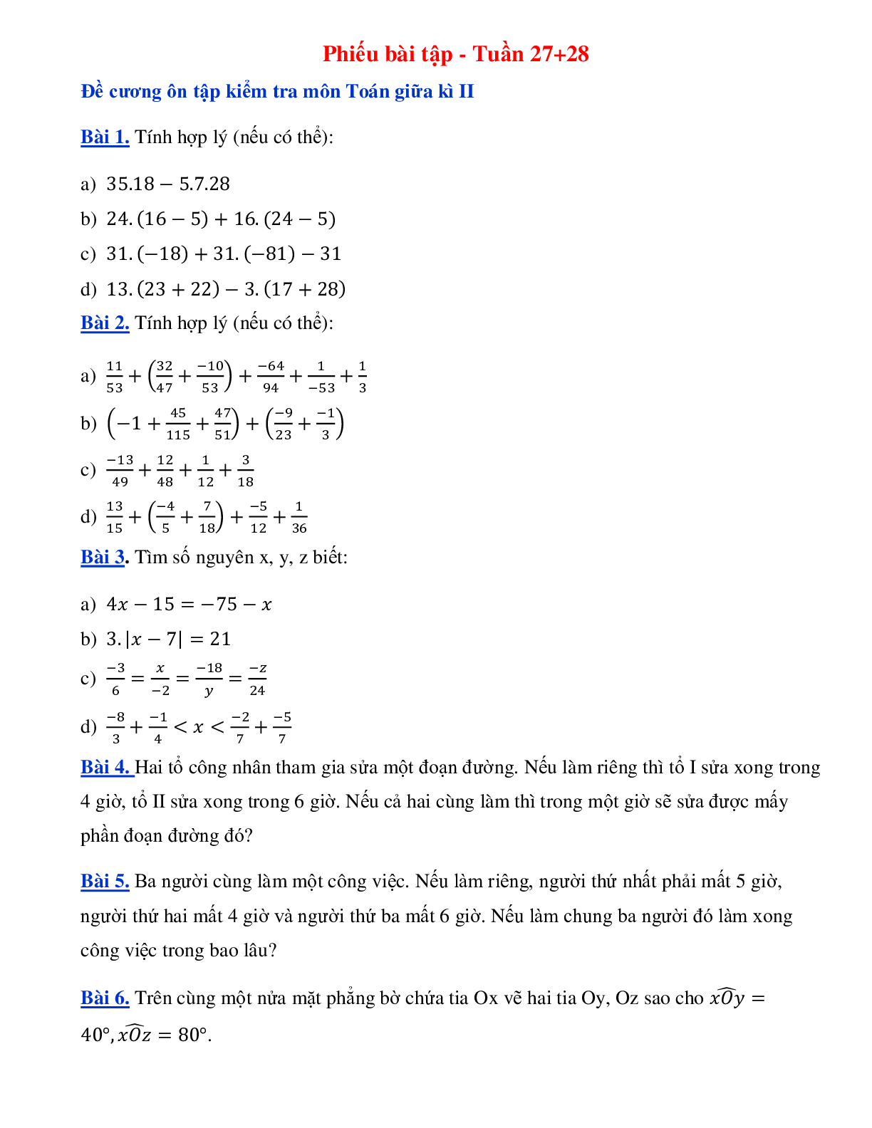 Phiếu bài tập tuần 27+28 - toán 6 (trang 1)