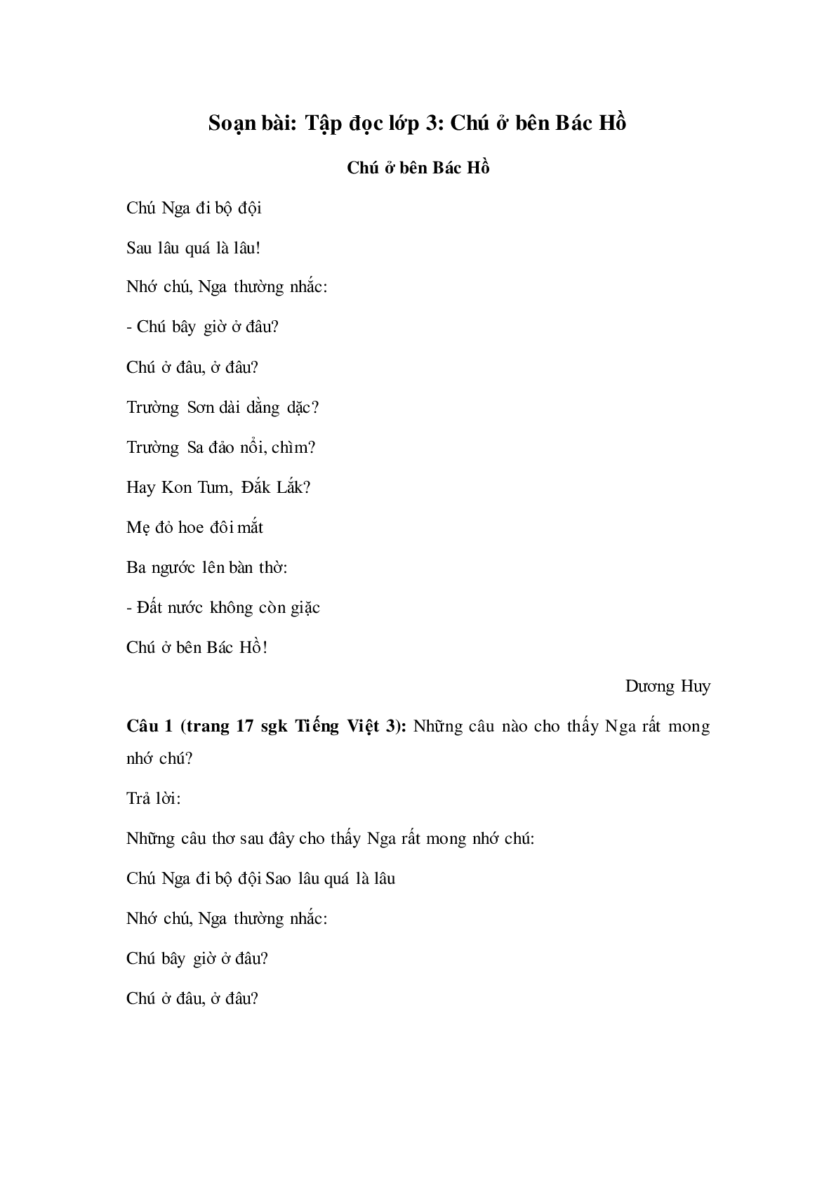 Soạn Tiếng Việt lớp 3: Tập đọc: Chú ở bên Bác Hồ mới nhất (trang 1)