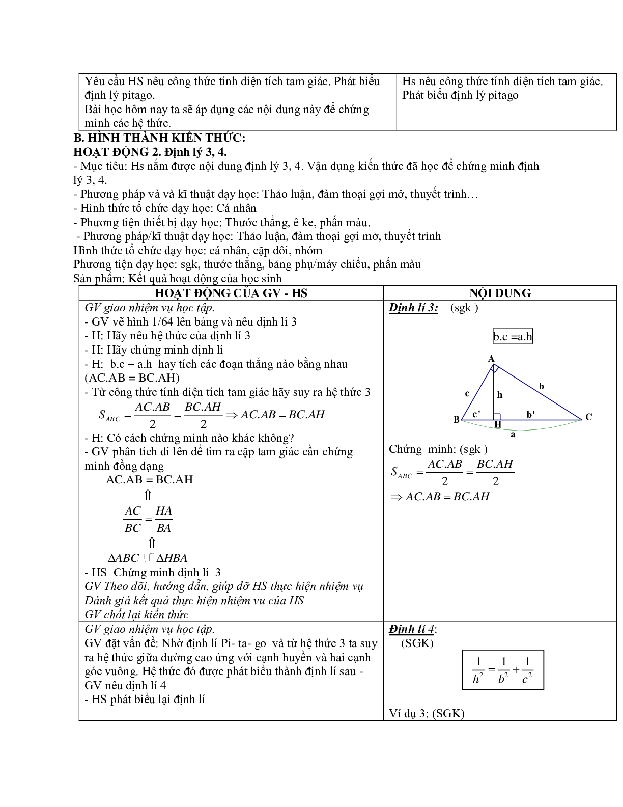 Giáo án Hình học 9 chương 1 bài 1: Một số hệ thức về cạnh và đường cao trong tam giác vuông (tiếp) mới nhất (trang 2)