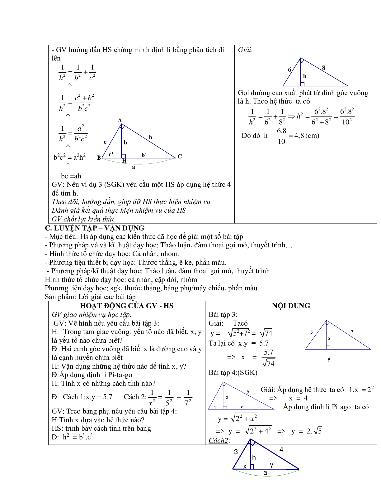 Giáo án Hình học 9 chương 1 bài 1: Một số hệ thức về cạnh và đường cao trong tam giác vuông (tiếp) mới nhất (trang 3)