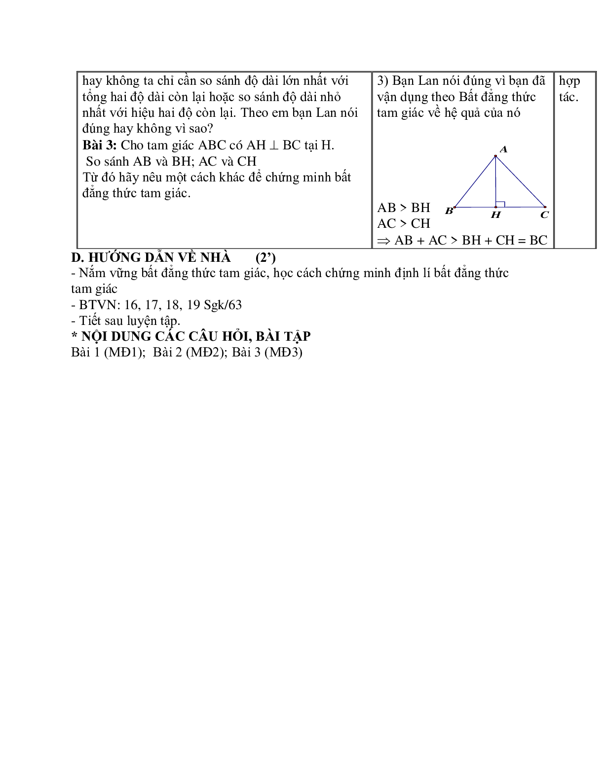Giáo án Toán học 7 bài 3: Quan hệ giữa ba cạnh của một tam giác, bất đẳng thức tam giác hay nhất (trang 6)
