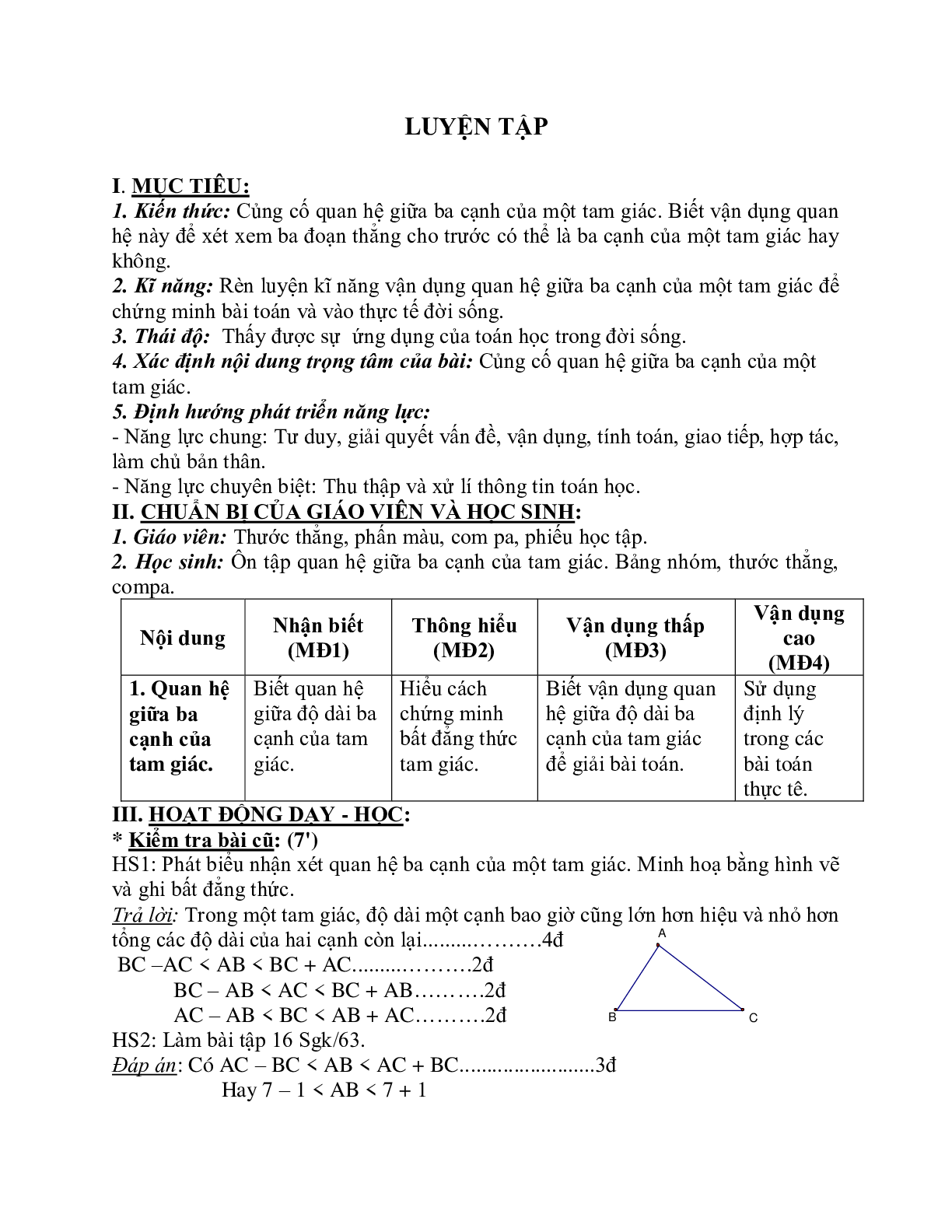 Giáo án Toán học 7 bài 3: Quan hệ giữa ba cạnh của một tam giác, bất đẳng thức tam giác hay nhất (trang 7)