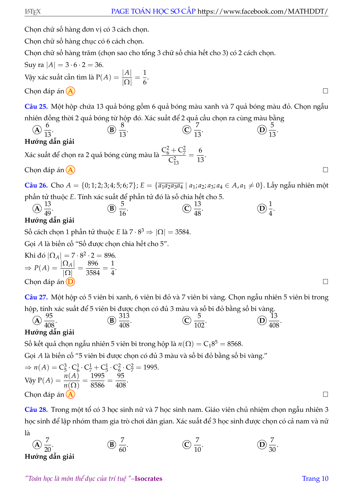 Tuyển tập 171 bài toán xác suất đủ mức độ có đáp án và lời giải chi tiết (trang 10)