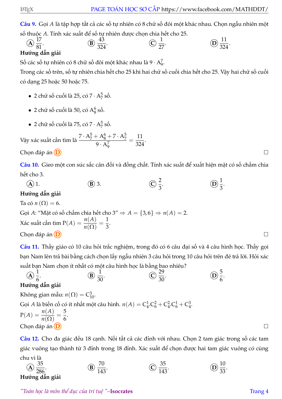 Tuyển tập 171 bài toán xác suất đủ mức độ có đáp án và lời giải chi tiết (trang 4)