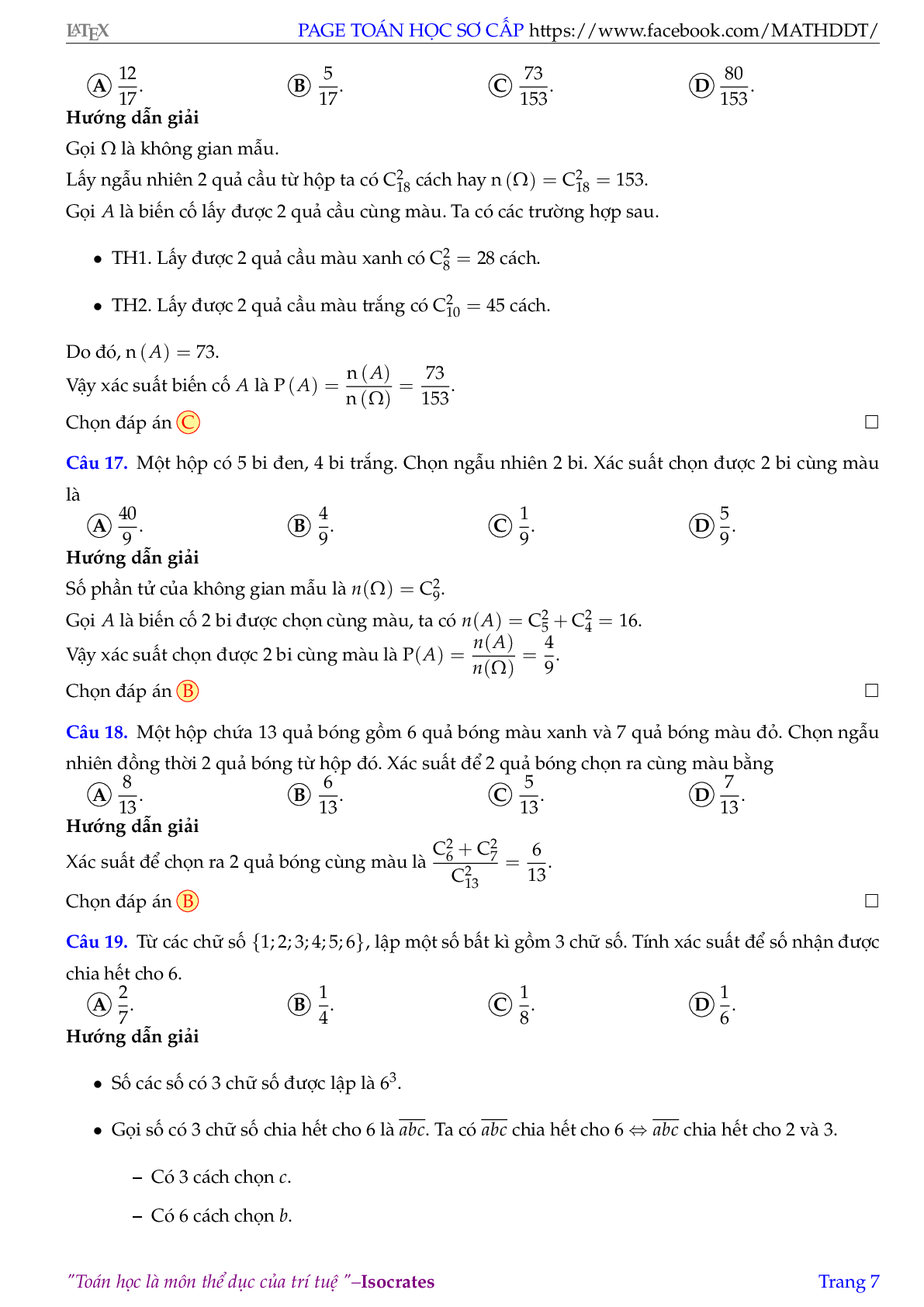 Tuyển tập 171 bài toán xác suất đủ mức độ có đáp án và lời giải chi tiết (trang 7)