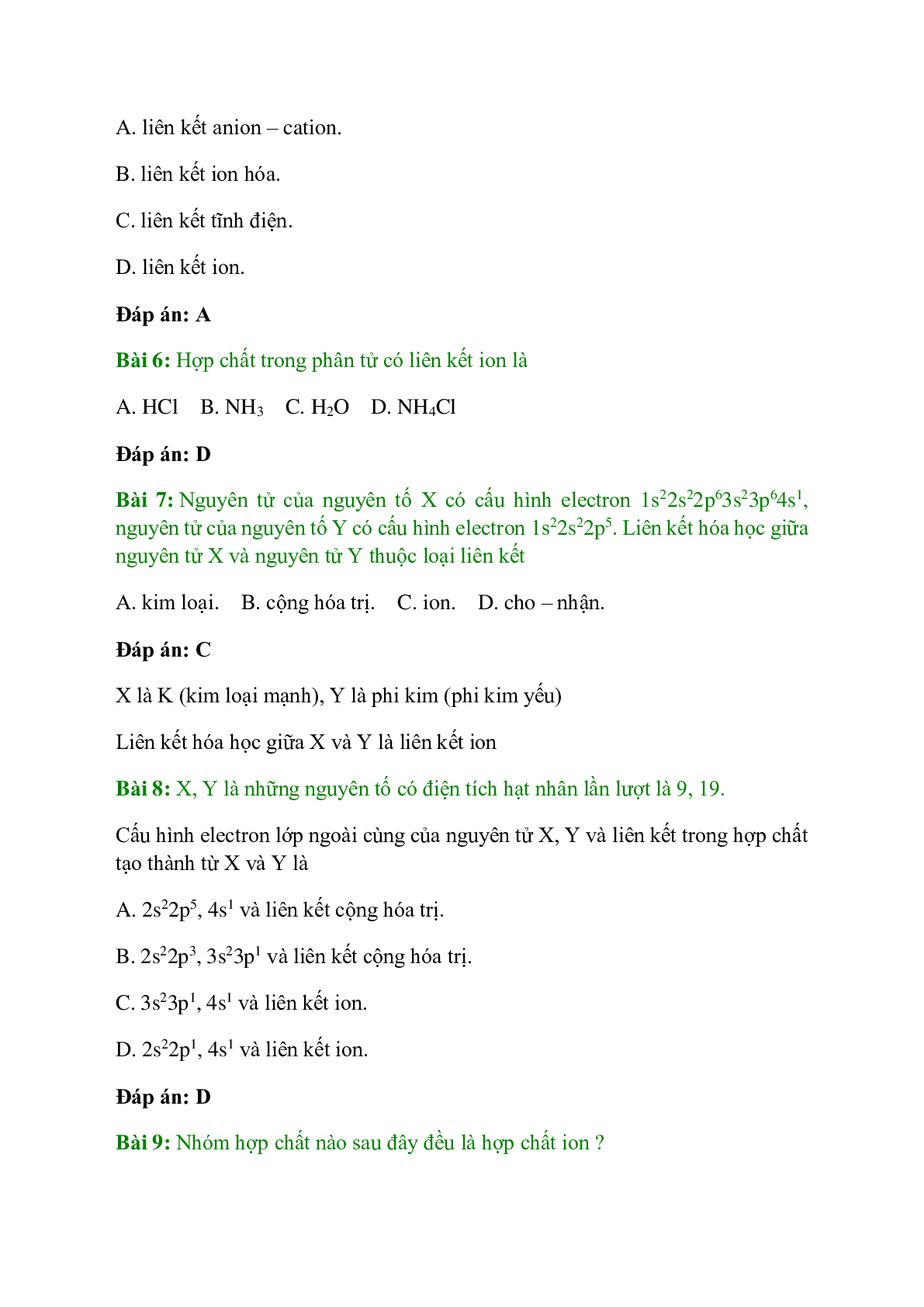 Trắc nghiệm Liên kết ion - Tinh thể ion có đáp án - Hóa học 10 (trang 2)