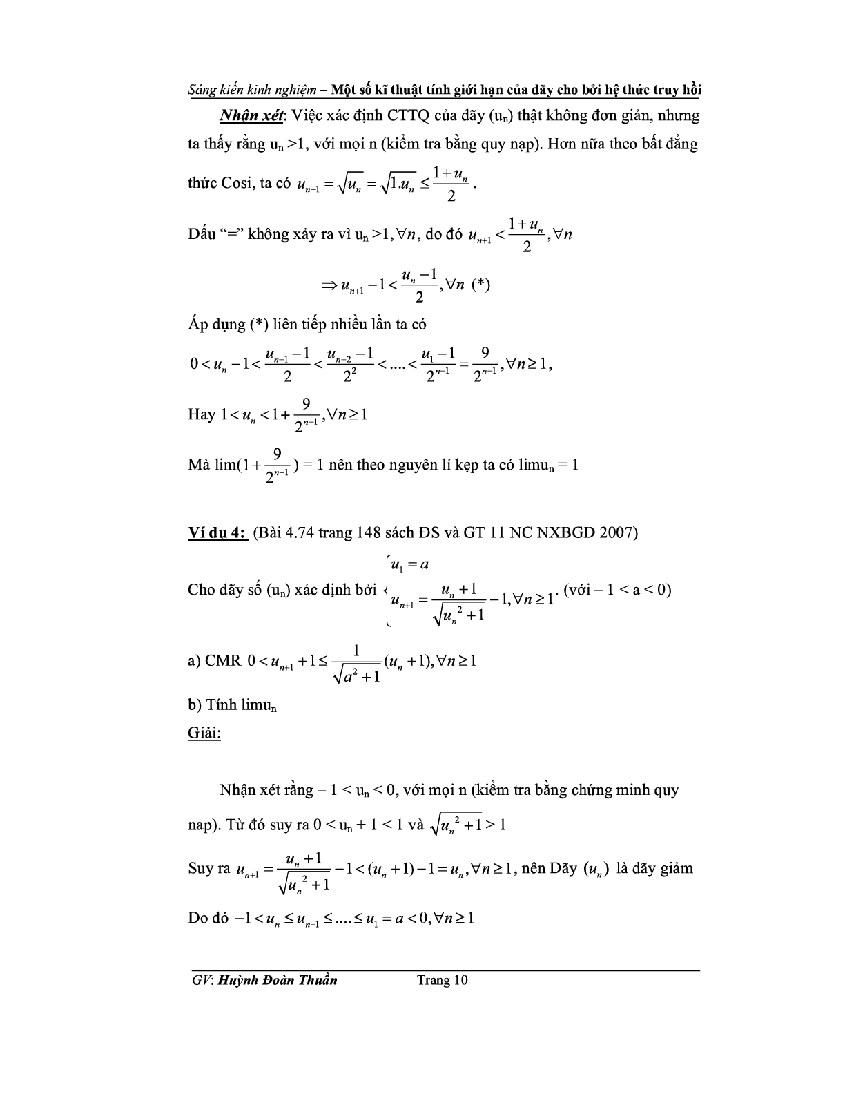 Kỹ thuật tính giới hạn của dãy số cho bời công thức truy hồi (trang 10)