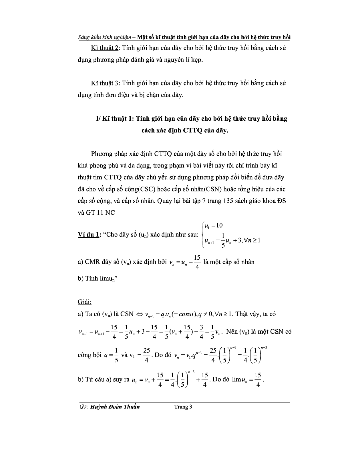 Kỹ thuật tính giới hạn của dãy số cho bời công thức truy hồi (trang 3)
