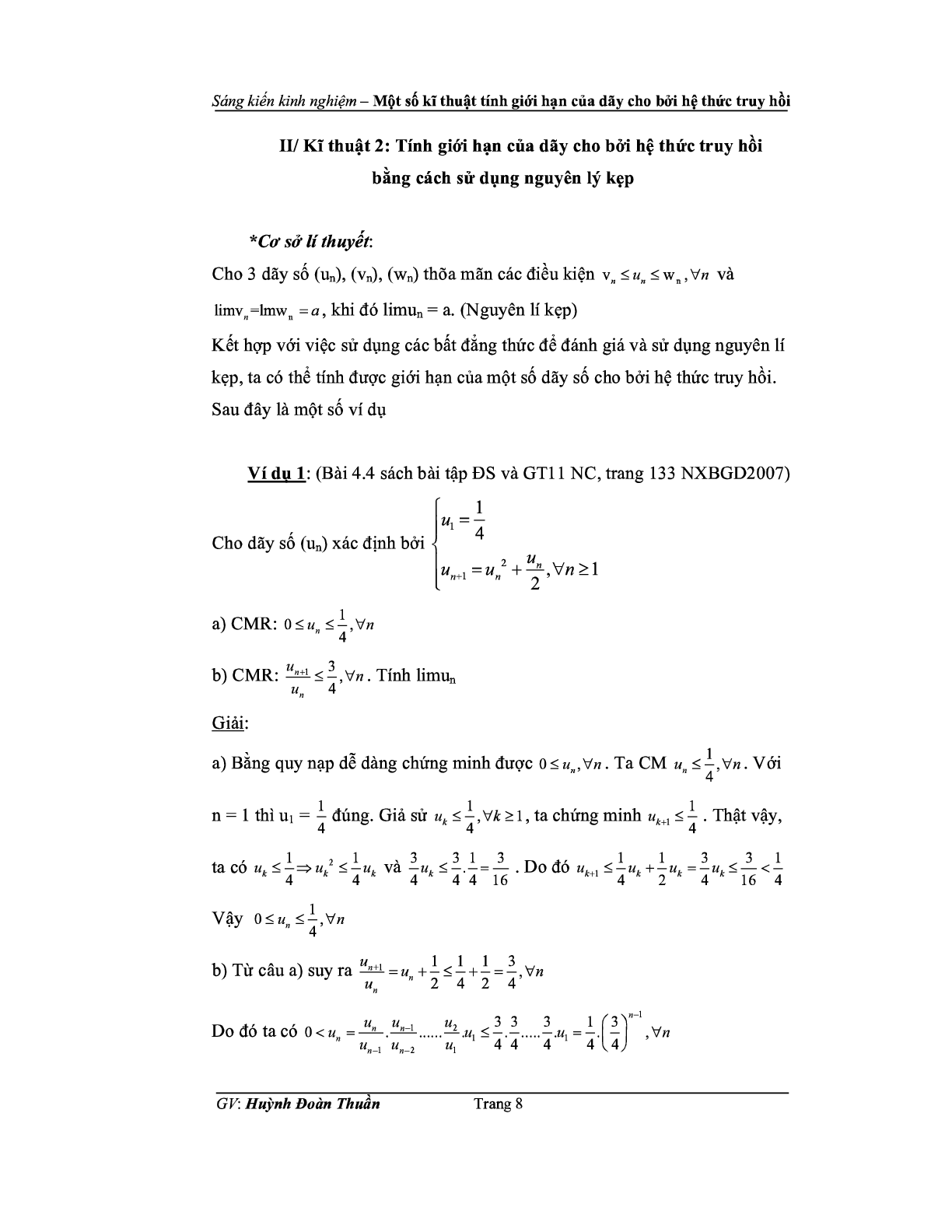 Kỹ thuật tính giới hạn của dãy số cho bời công thức truy hồi (trang 8)