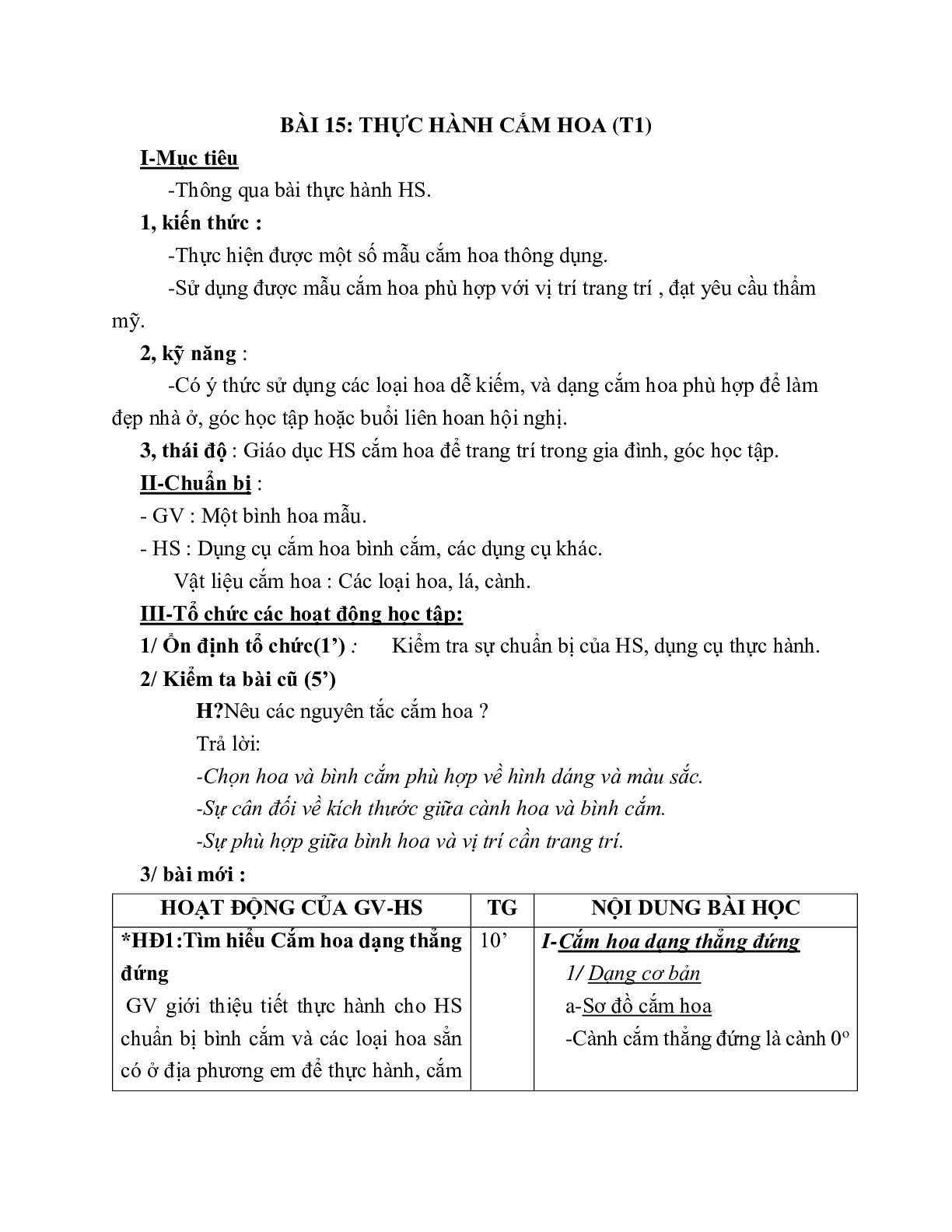 GIÁO ÁN CÔNG NGHỆ 6 BÀI 15: THỰC HÀNH CẮM HOA (T1) MỚI NHẤT – CV5555 (trang 1)