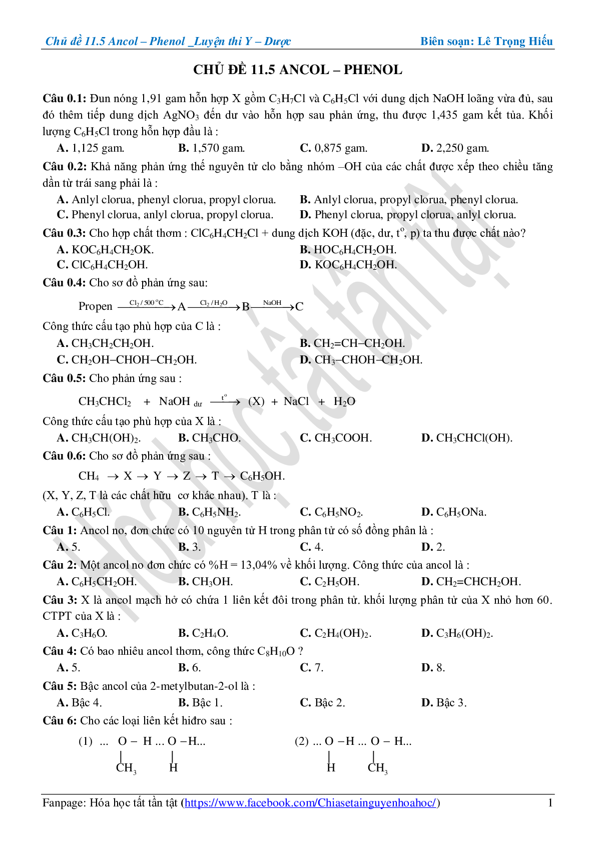 Bài tập về ancol-phenol cơ bản, nâng cao (trang 1)