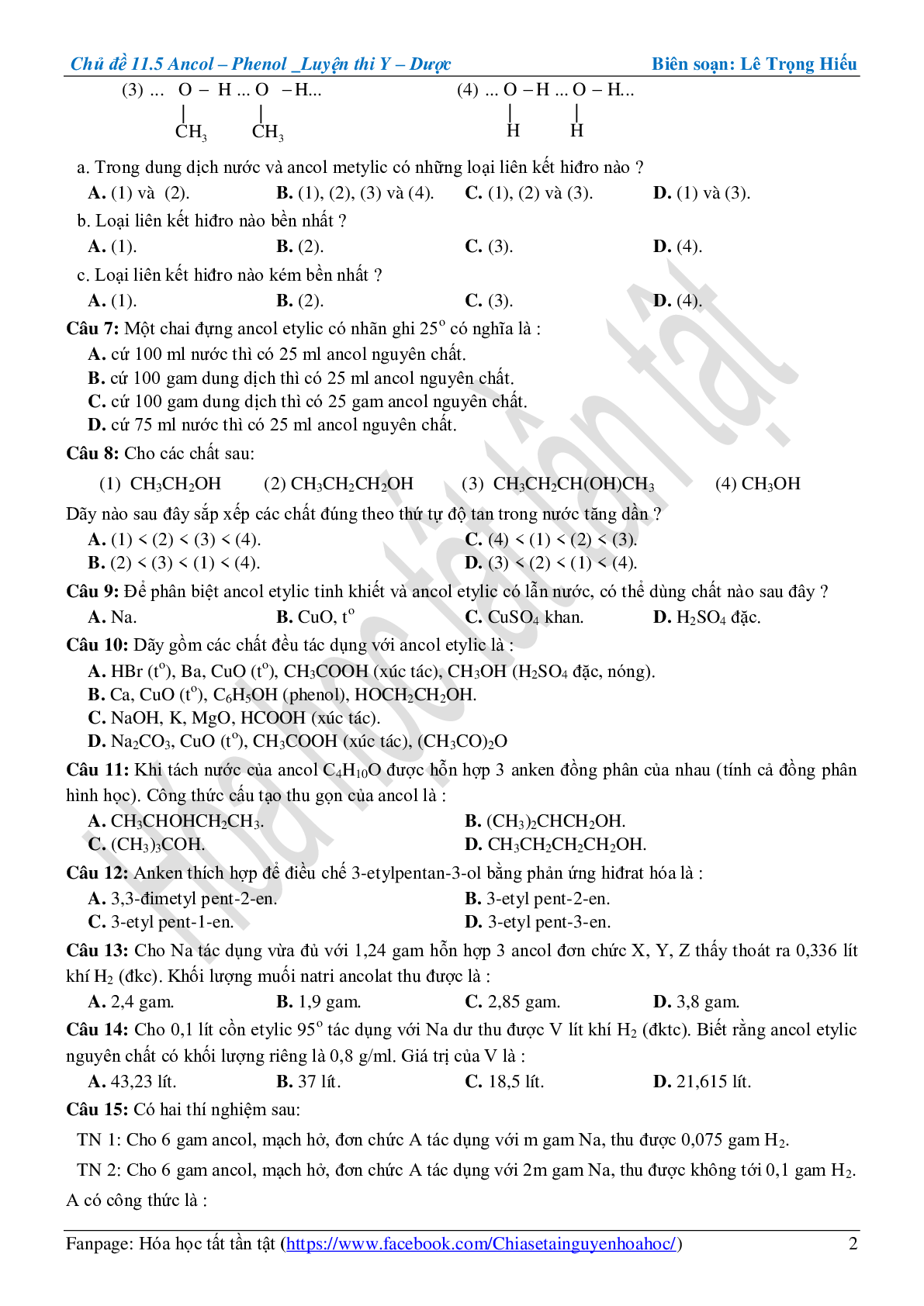Bài tập về ancol-phenol cơ bản, nâng cao (trang 2)