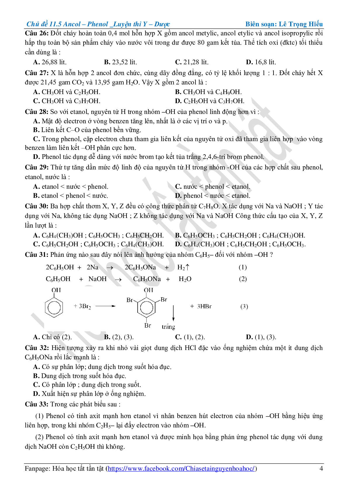 Bài tập về ancol-phenol cơ bản, nâng cao (trang 4)