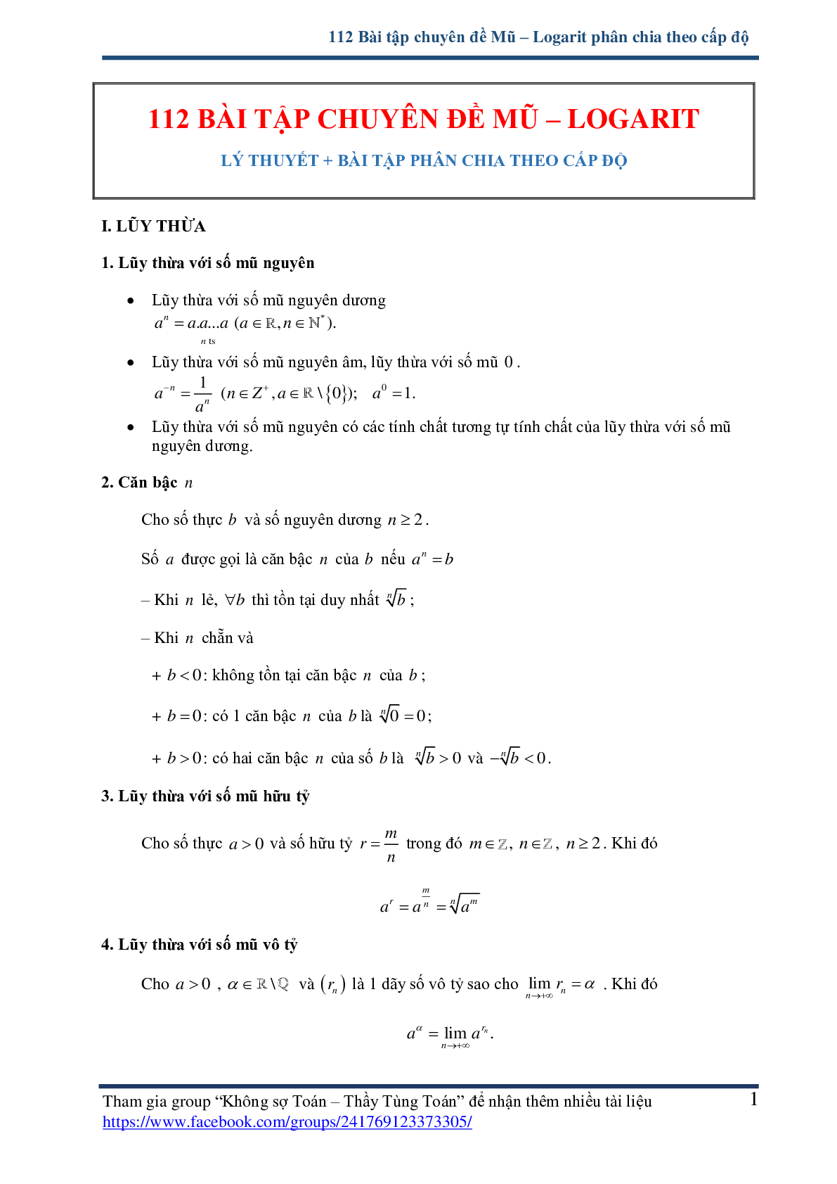 112 bài tập chuyên đề mũ và logarit - có lời giải chi tiết (trang 1)