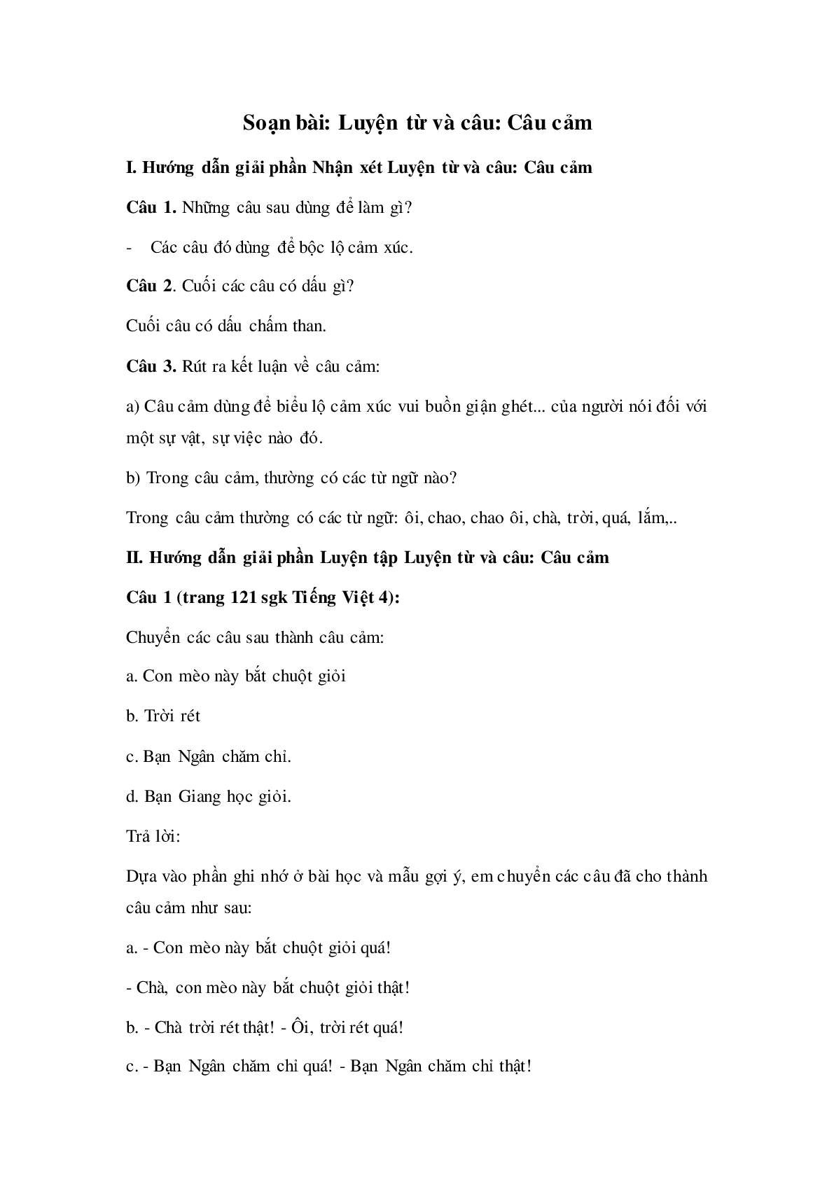 Soạn Tiếng Việt lớp 4: Luyện từ và câu: Câu cảm mới nhất (trang 1)