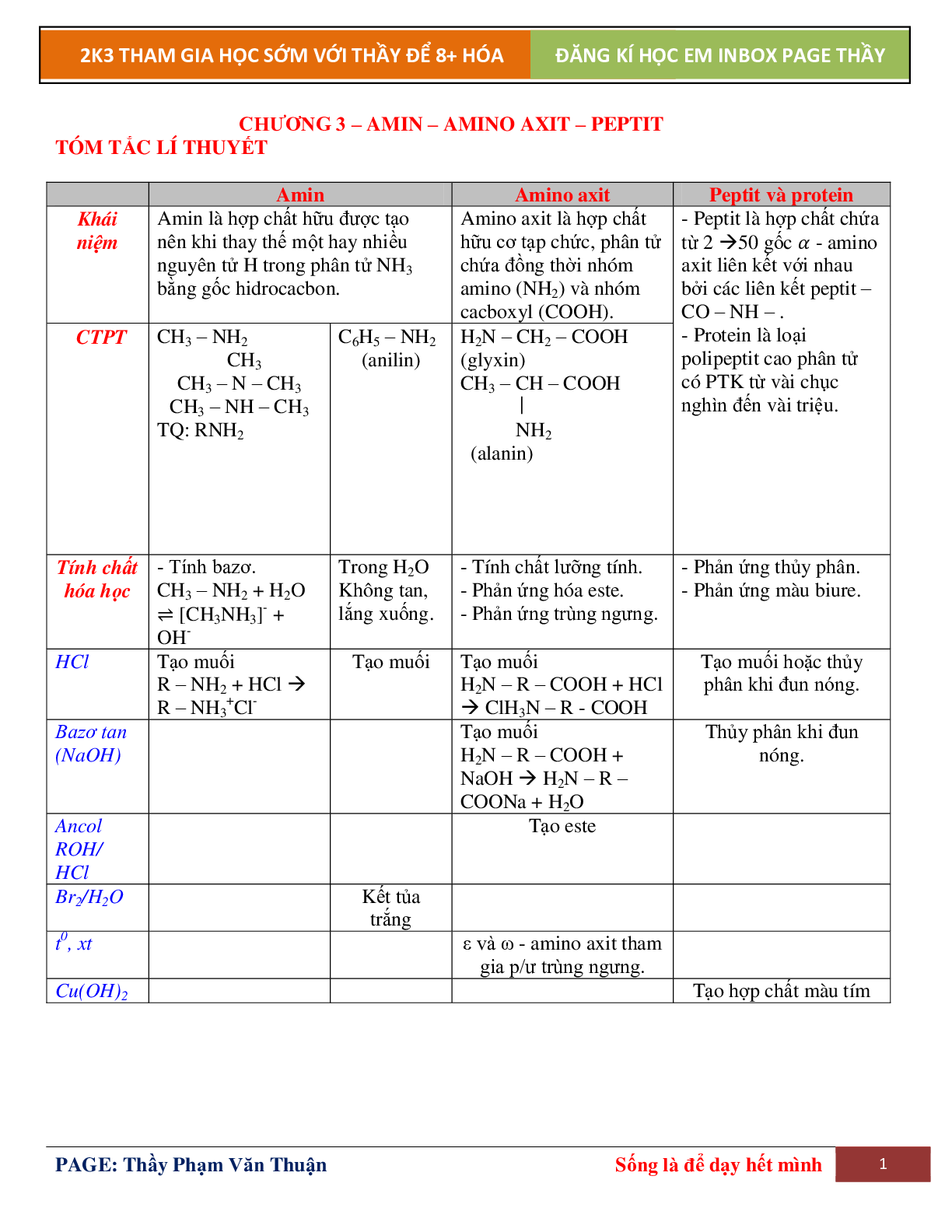 Ôn tập lý thuyết Hóa học 12 chương 3: Amin - Amini Axit - Peptit (trang 1)