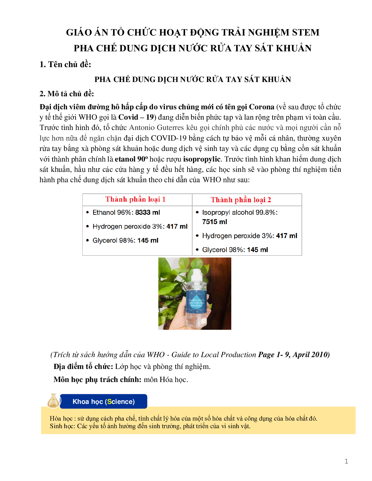 Giáo án hóa học 9 STEM về hoạt động trải nghiệm làm nước rửa tay khô mới nhất (trang 1)