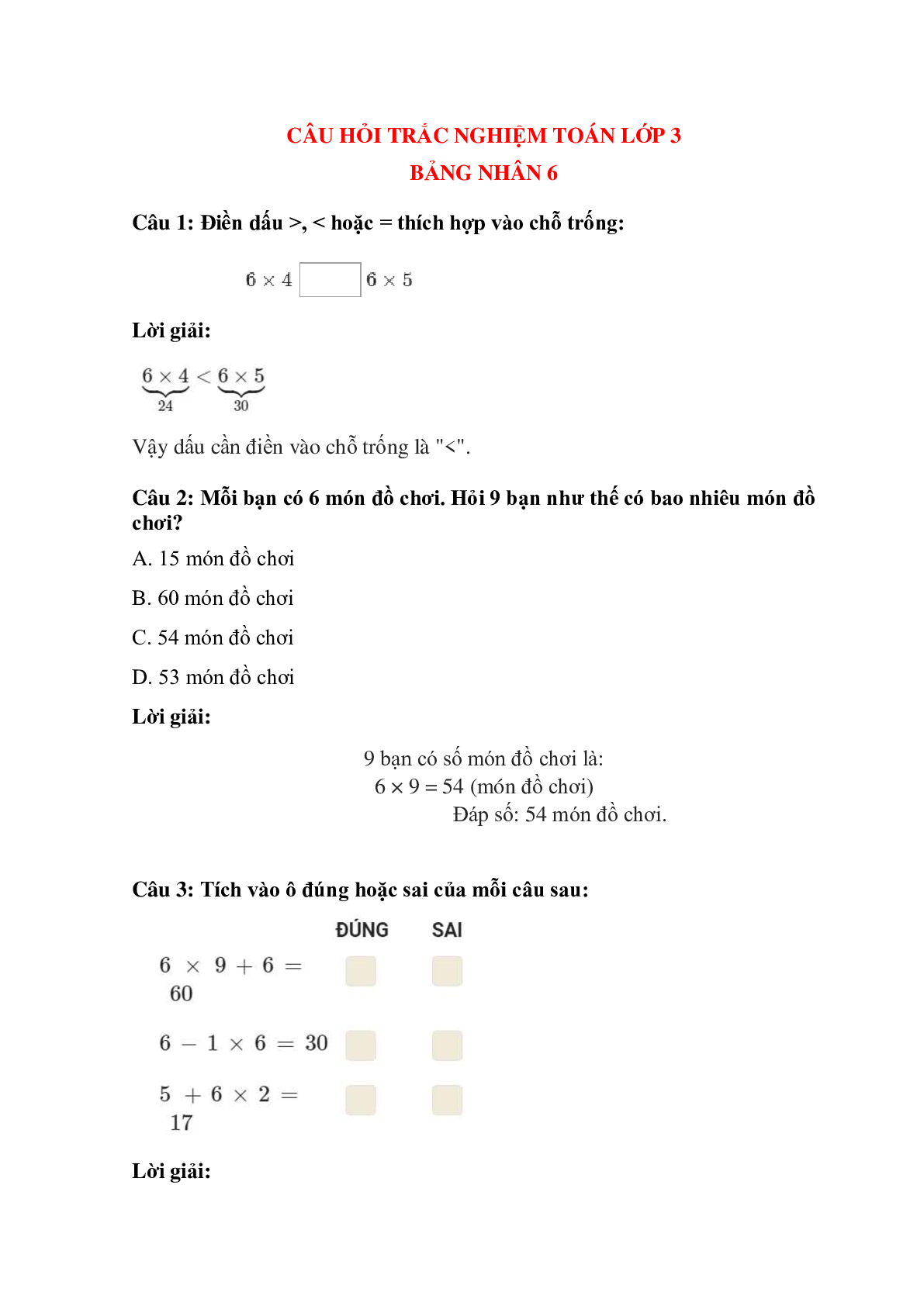 Trắc nghiệm Bảng nhân 6 có đáp án – Toán lớp 3 (trang 1)