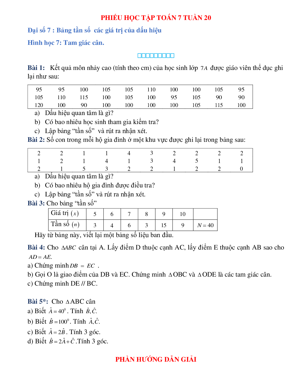 Phiếu bài tập tuần 20 - Toán 7 (trang 1)