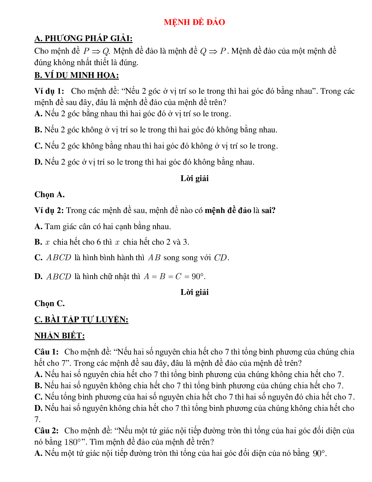 Bài tập tự luyện mệnh đề đảo Toán 10 (trang 1)