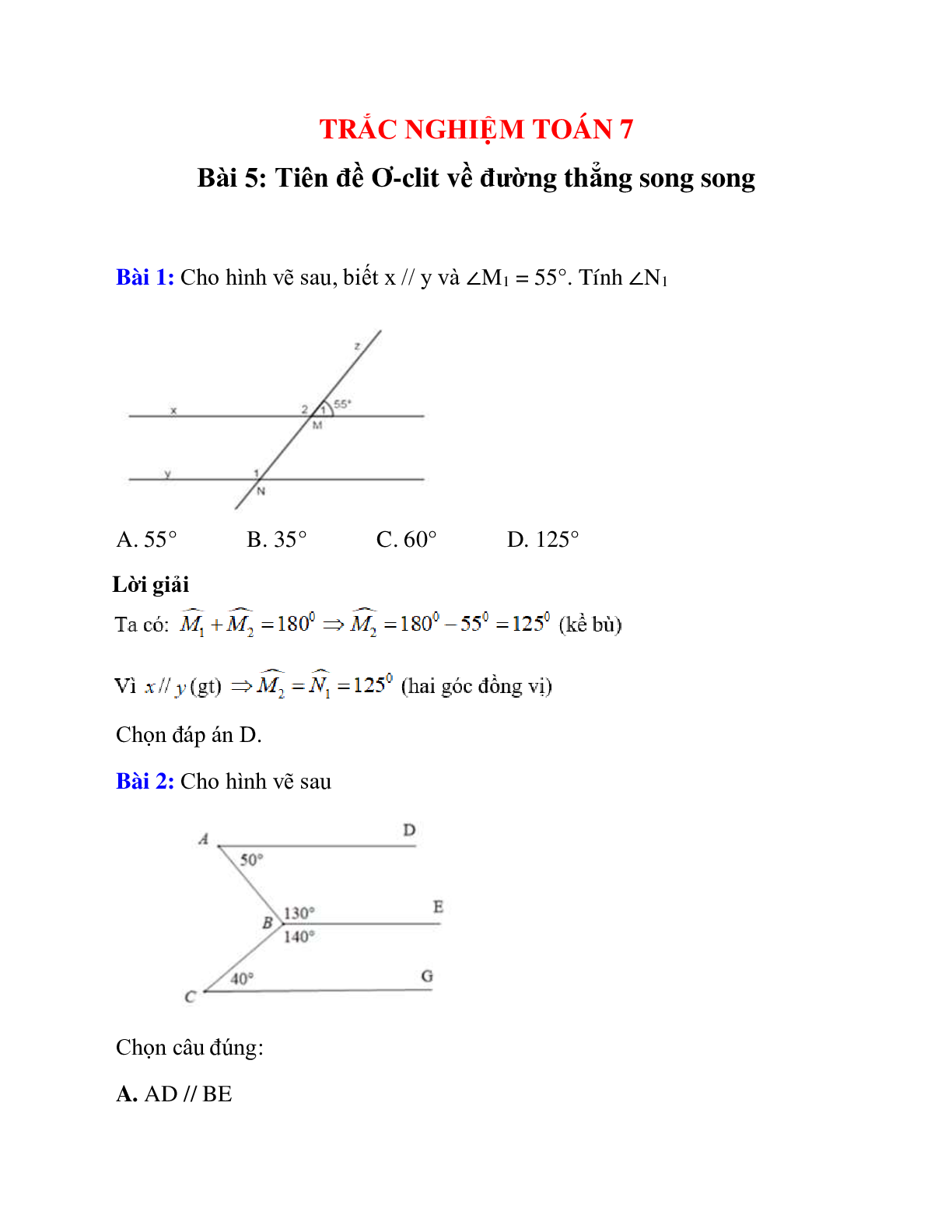 Trắc nghiệm Tiên đề Ơ-clit về đường thẳng song song có đáp án – Toán lớp 7 (trang 1)