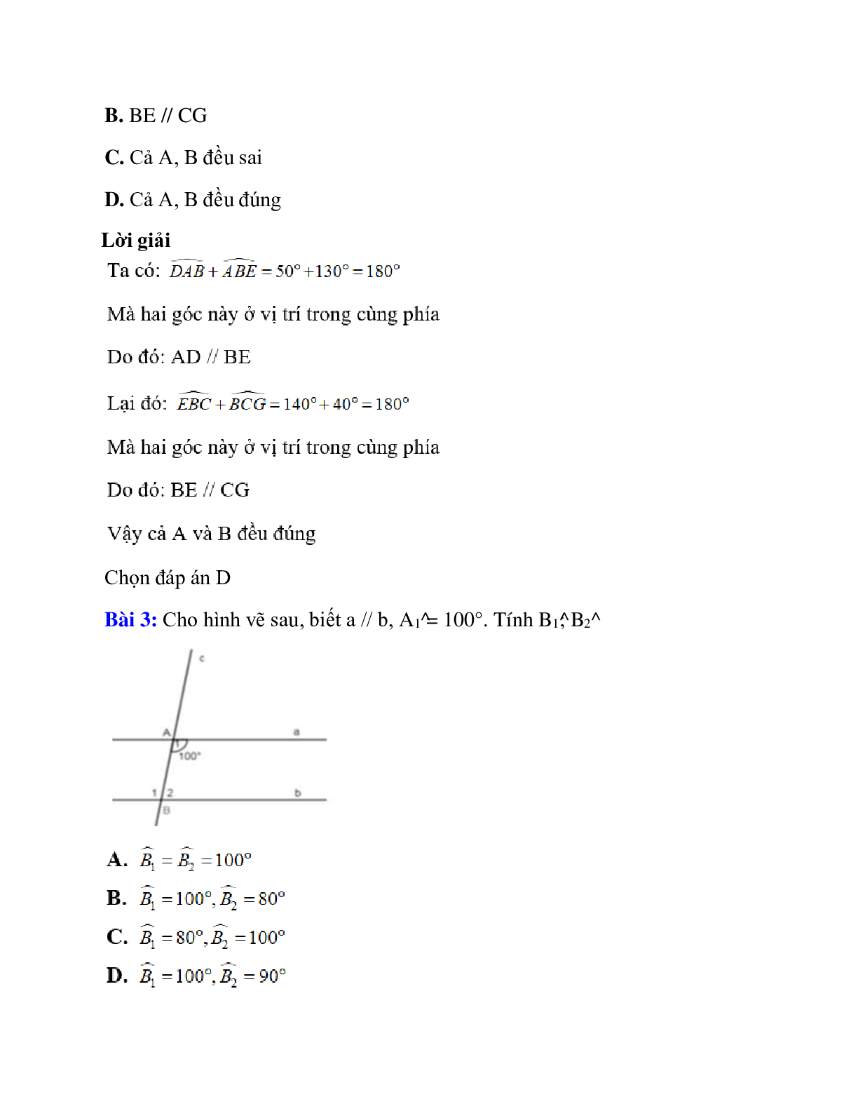 Trắc nghiệm Tiên đề Ơ-clit về đường thẳng song song có đáp án – Toán lớp 7 (trang 2)