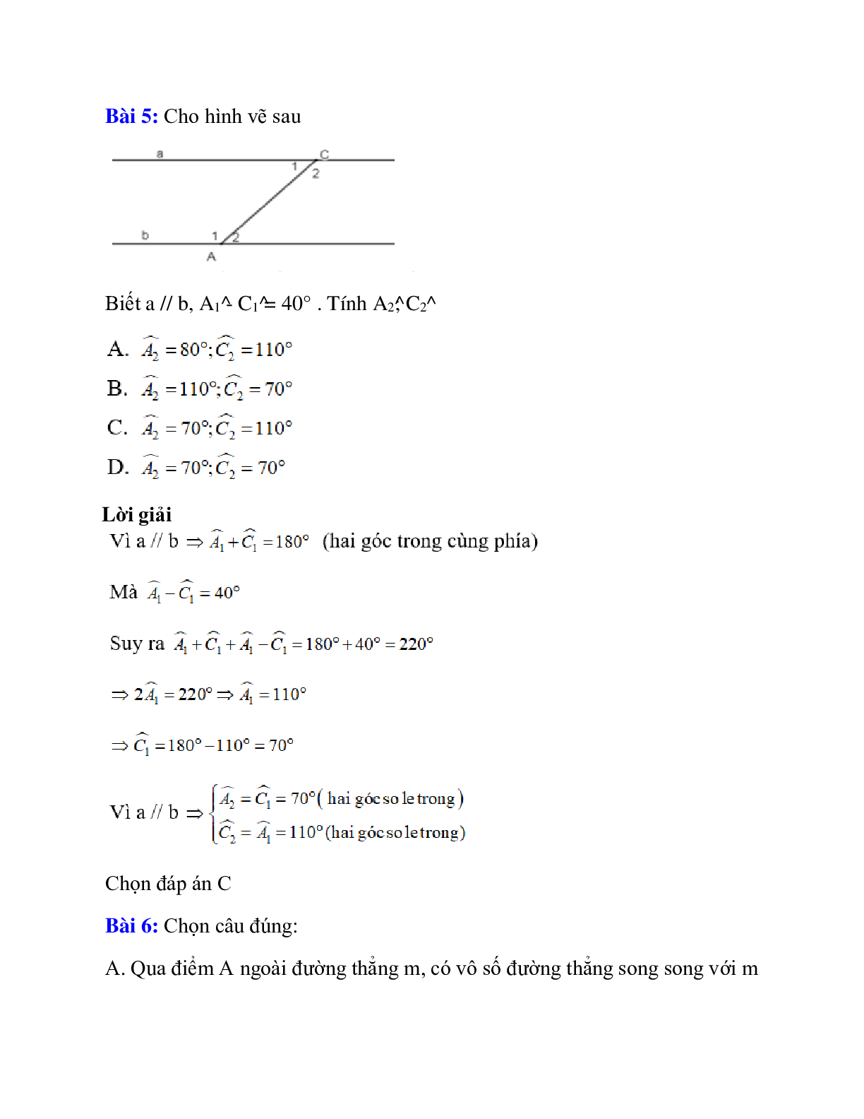 Trắc nghiệm Tiên đề Ơ-clit về đường thẳng song song có đáp án – Toán lớp 7 (trang 4)