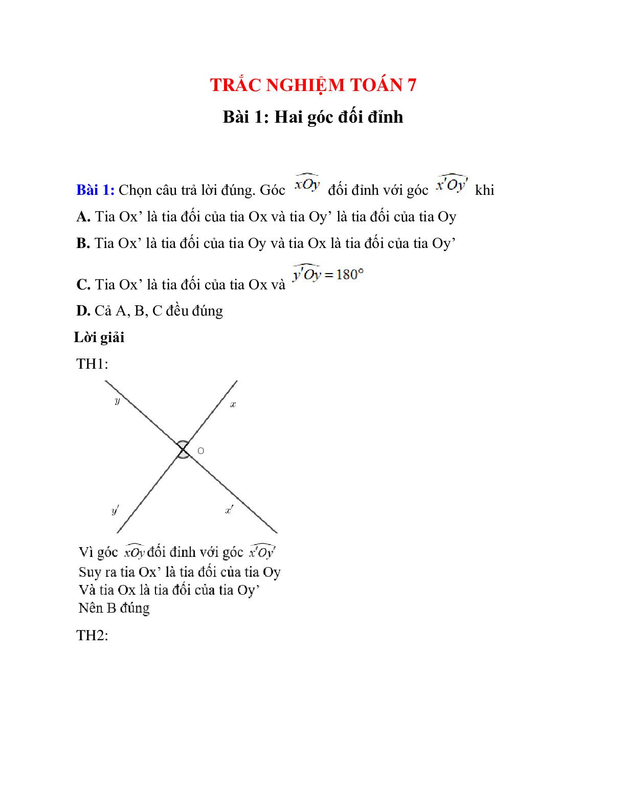 Trắc nghiệm Hai góc đối đỉnh có đáp án – Toán lớp 7 (trang 1)