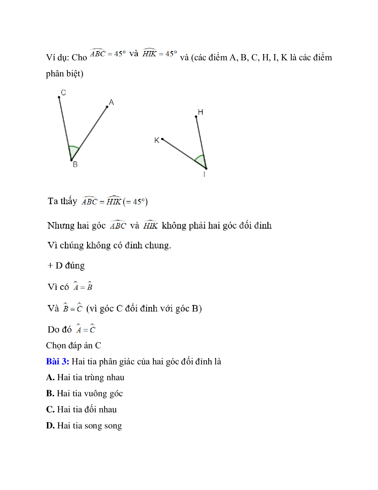 Trắc nghiệm Hai góc đối đỉnh có đáp án – Toán lớp 7 (trang 3)