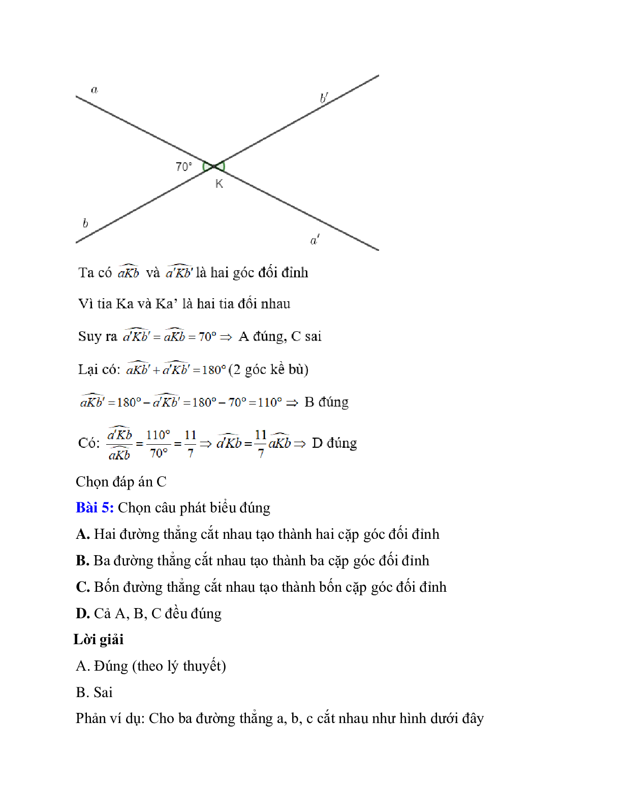 Trắc nghiệm Hai góc đối đỉnh có đáp án – Toán lớp 7 (trang 6)