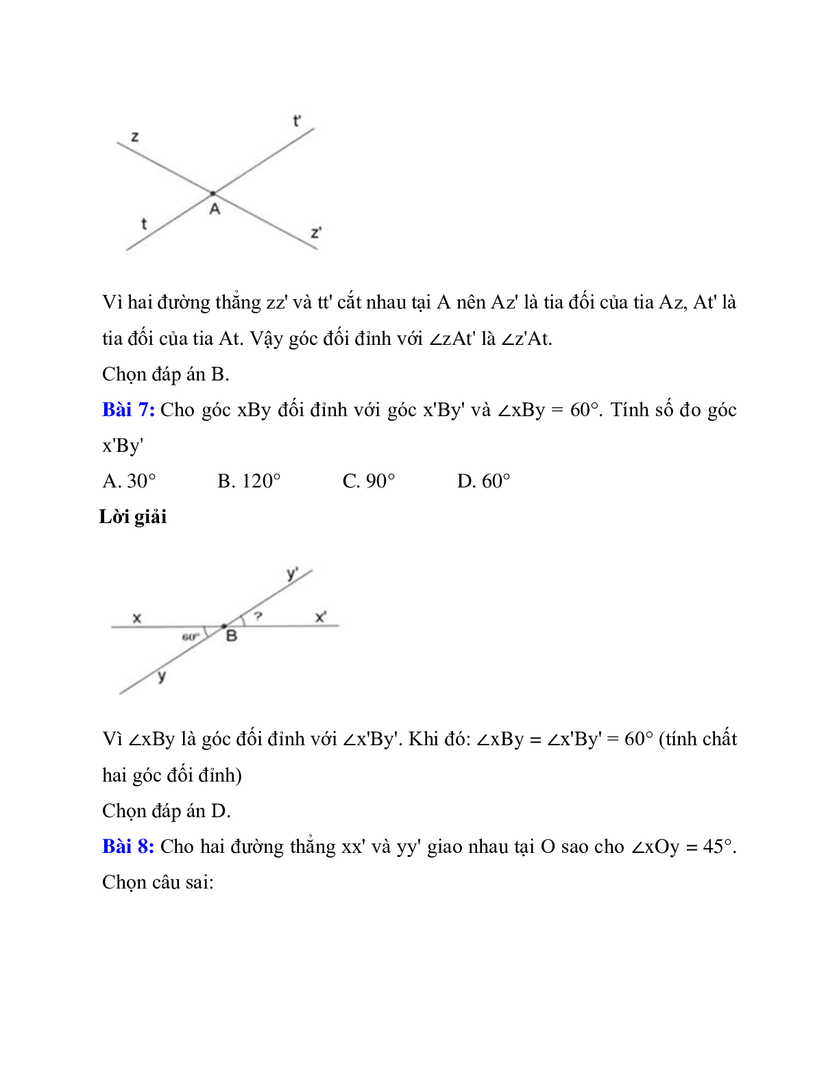 Trắc nghiệm Hai góc đối đỉnh có đáp án – Toán lớp 7 (trang 8)