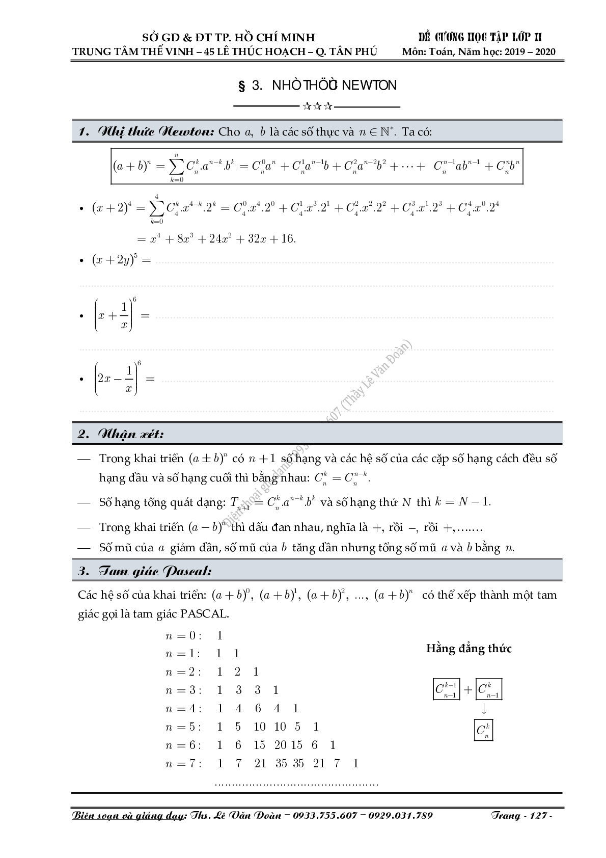 Chuyên đề nhị thức Newton (Niu-tơn) (trang 1)