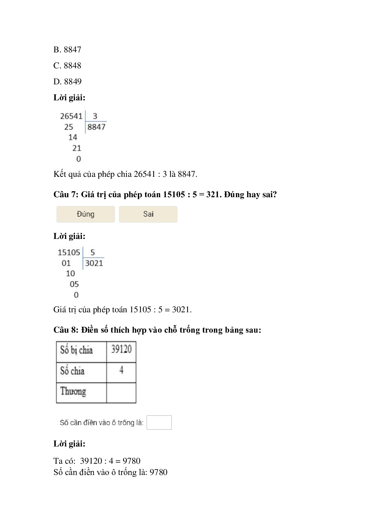 Trắc nghiệm Chia số có năm chữ số với số có một chữ số có đáp án – Toán lớp 3 (trang 3)