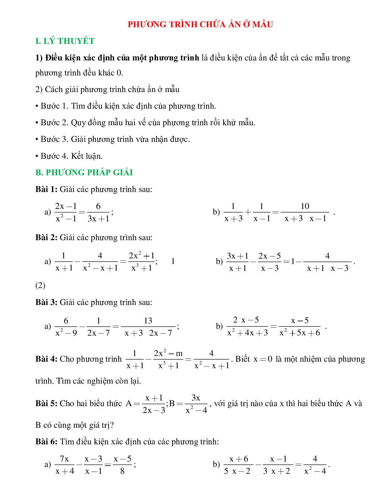 Phương trình chứa ẩn ở mẫu đại số lớp 8 (trang 1)