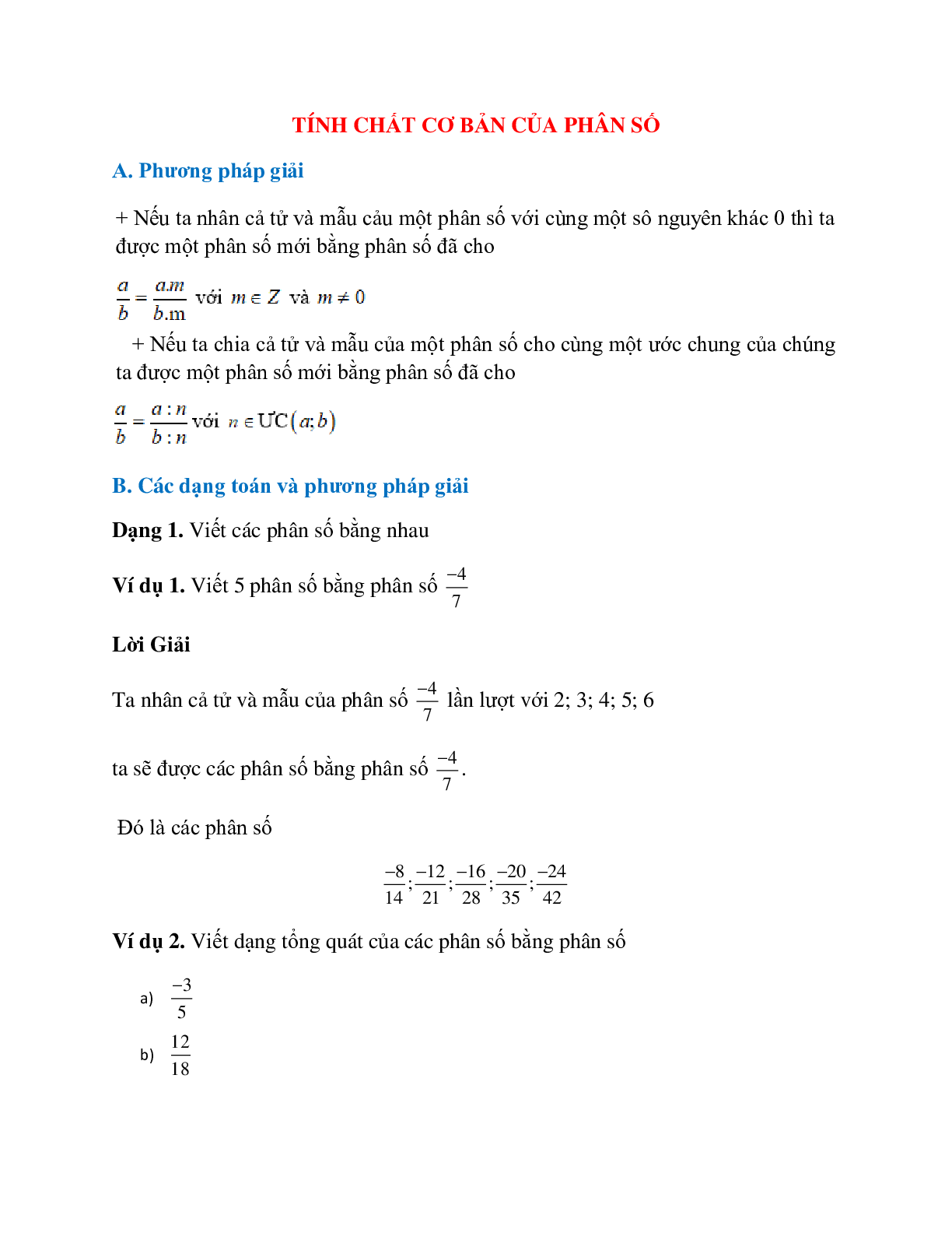 Hệ thống bài tập về tính chất cơ bản của phân số có lời giải (trang 1)