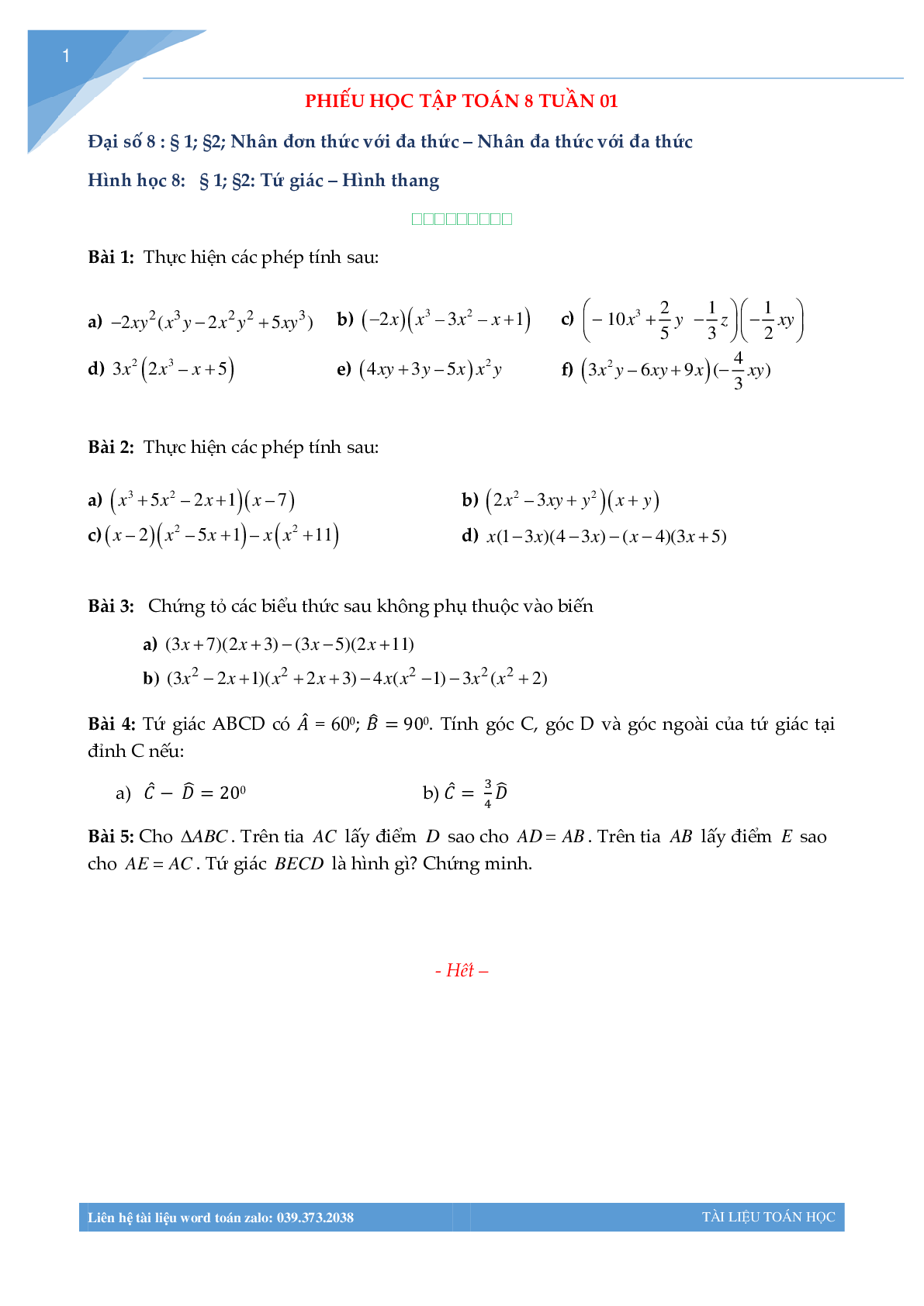 Bài tập tuần môn toán lớp 8 (trang 1)