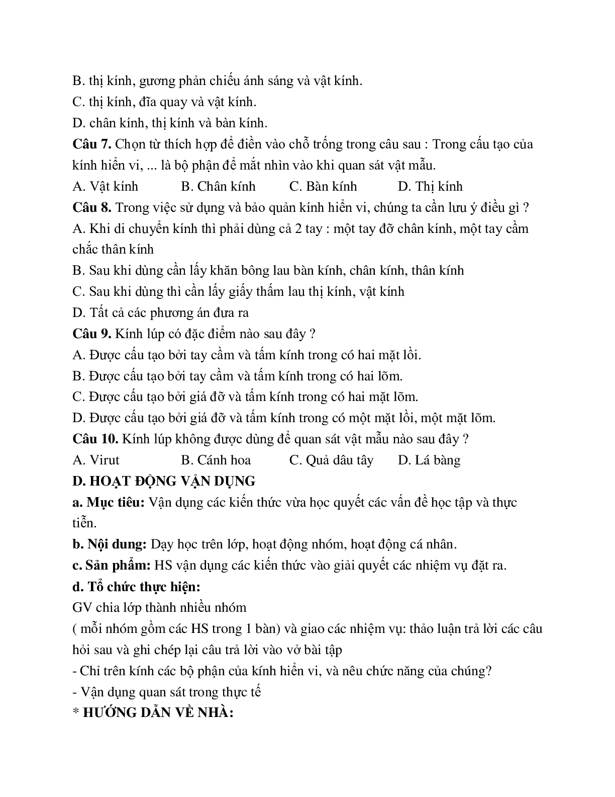 Giáo án Sinh học 6 Bài 5: Kính lúp, kính hiển vi và cách sử dụng mới nhất - CV5555 (trang 6)