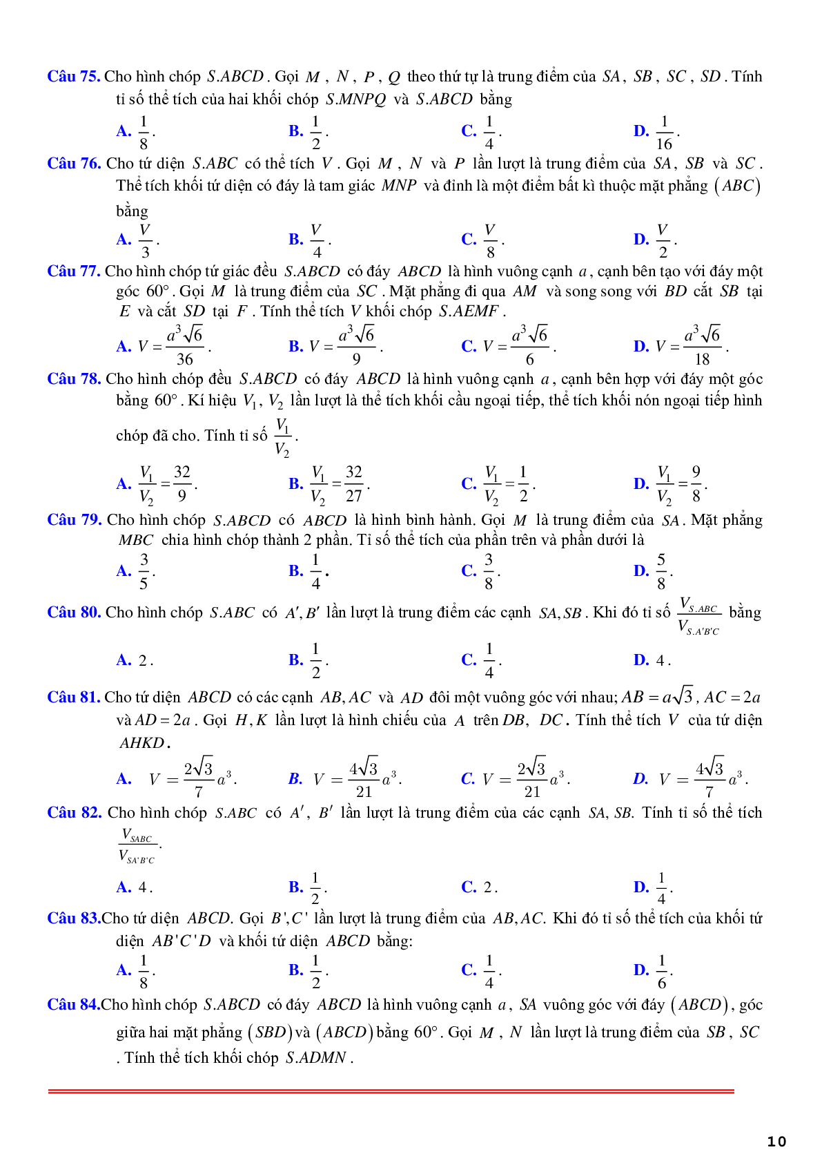 130 câu trắc nghiệm về tỉ số thể tích khối đa diện - có lời giải chi tiết (trang 10)