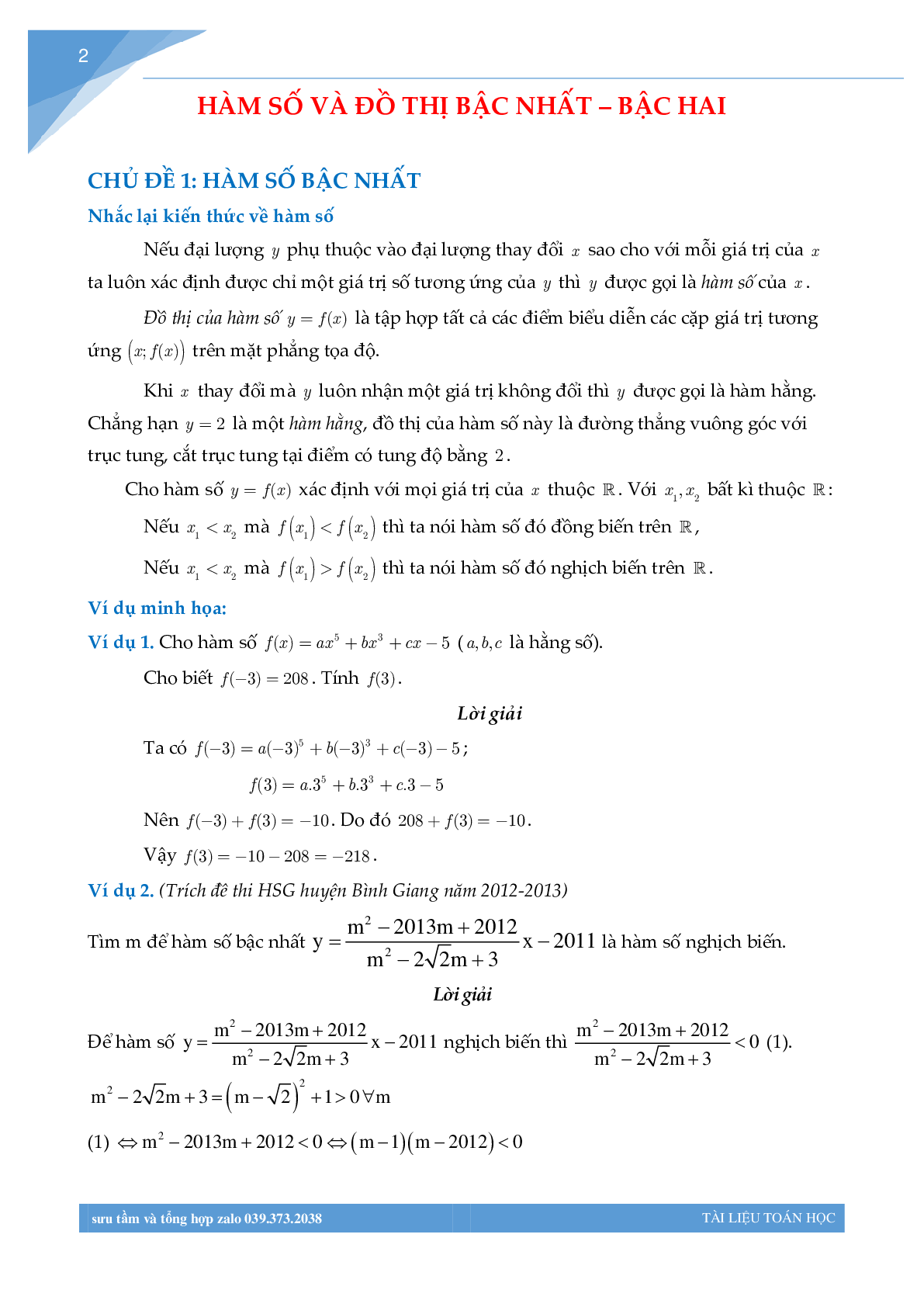 Chuyên đề hàm số bồi dưỡng học sinh giỏi toán THCS (trang 1)