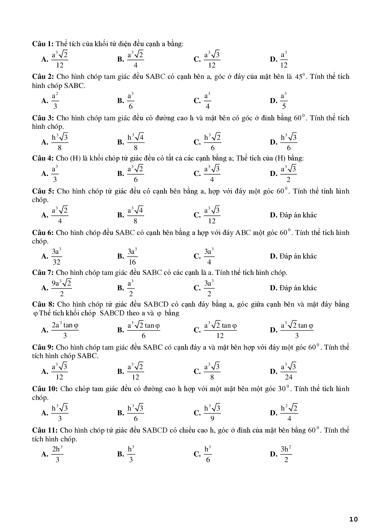 Bài tập trắc nghiệm về chuyên đề đa diện mặt nón - trụ - cầu (trang 10)