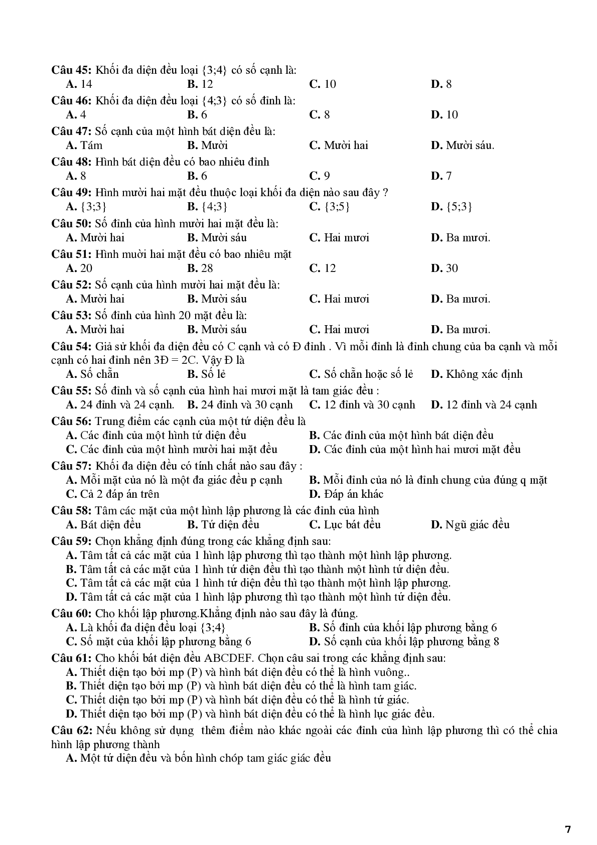 Bài tập trắc nghiệm về chuyên đề đa diện mặt nón - trụ - cầu (trang 7)