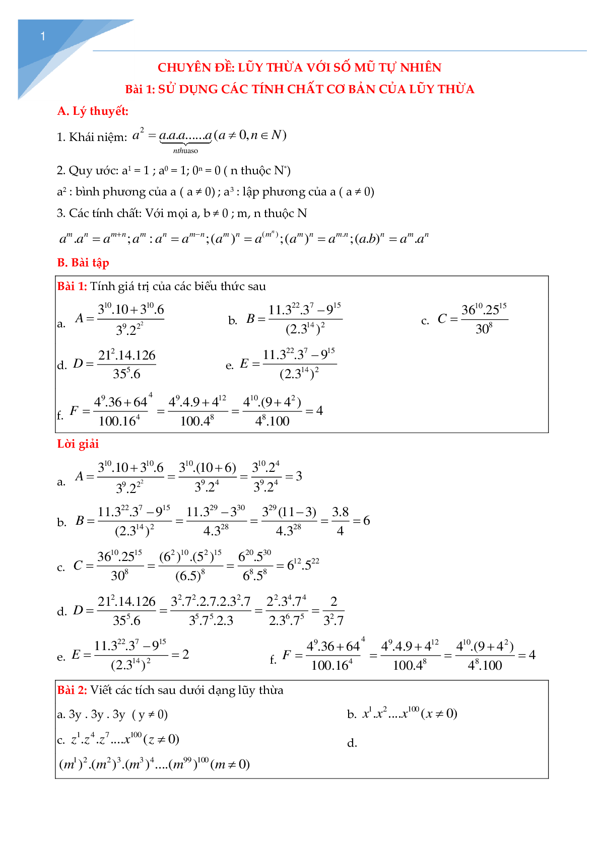 Chuyên đề lũy thừa với số mũ tự nhiên hay nhất (trang 1)