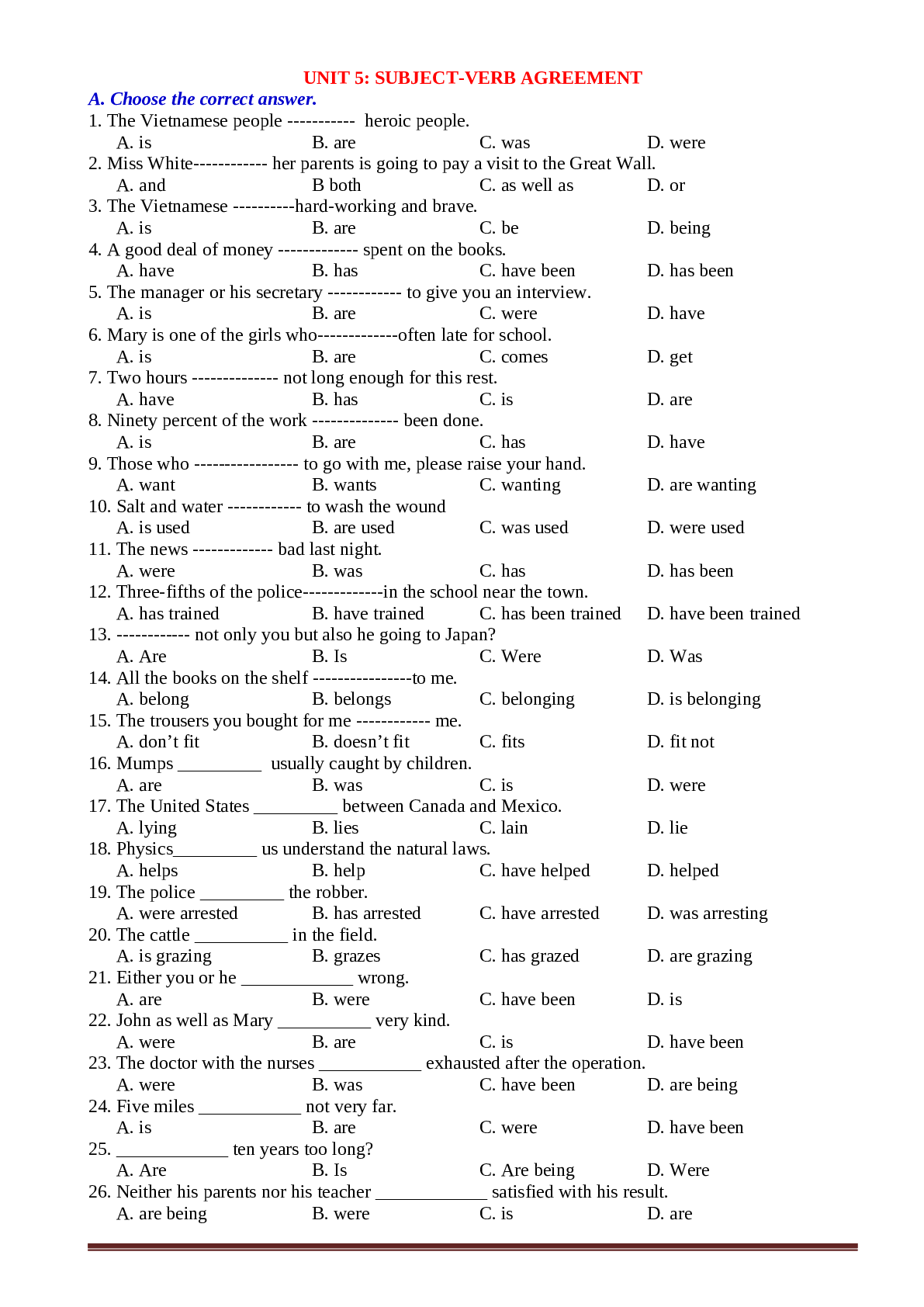 Bài tập chuyên đề sự hòa hợp giữa chủ ngữ và động từ tiếng anh lớp 9 có đáp án (trang 1)