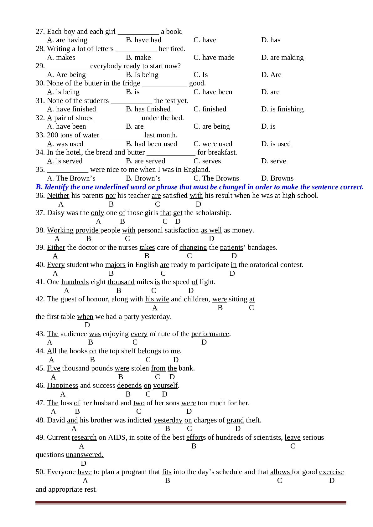 Bài tập chuyên đề sự hòa hợp giữa chủ ngữ và động từ tiếng anh lớp 9 có đáp án (trang 2)